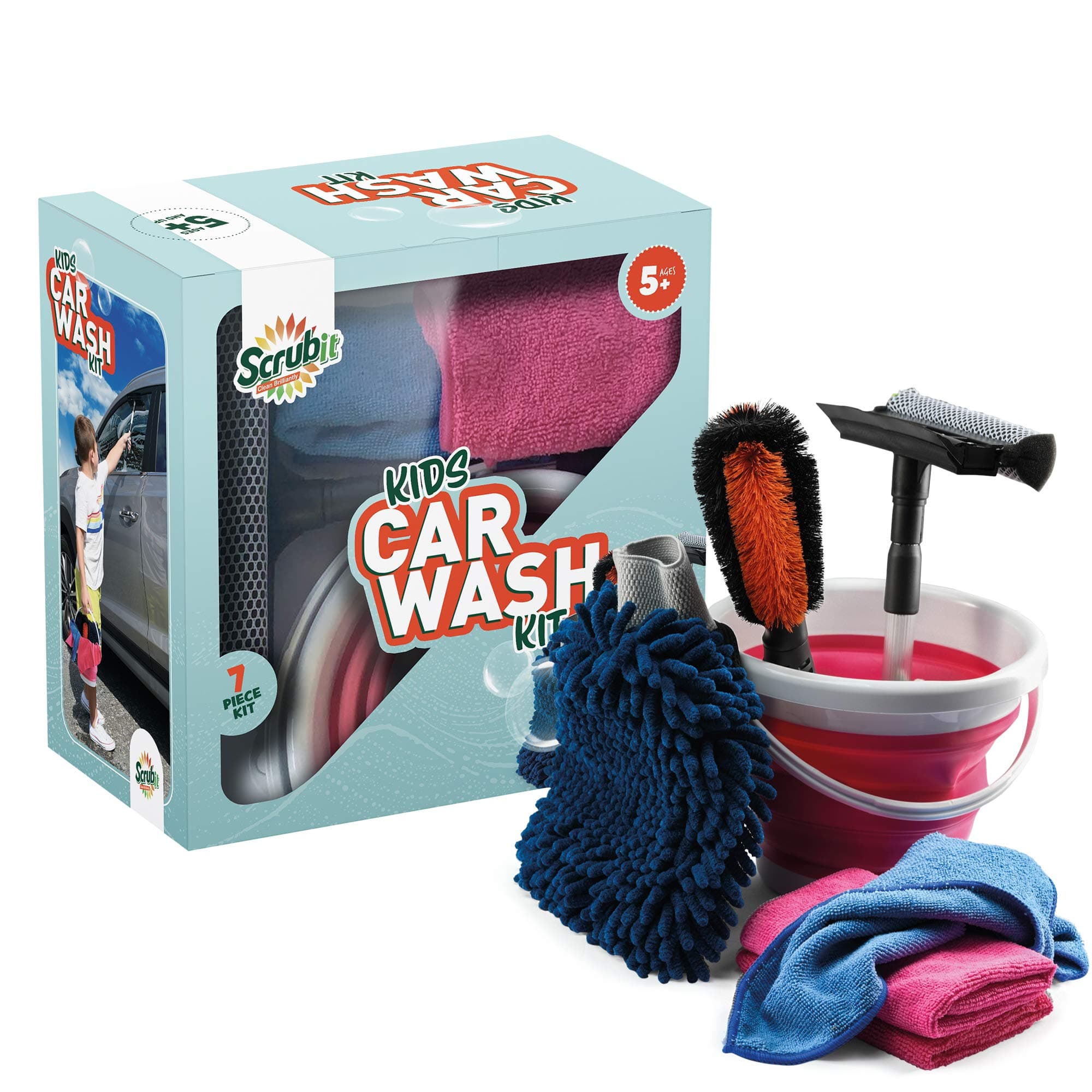 Kids Car Wash Activity Kit – 7 Kid-Sized Carwash Accessories Gifts for Boys & Girls Ages 5 6 7 8-10 - Outdoor Fun Toys – Set Includes Bucket, Squeegee, Microfiber Mitt, Wheel Brush, 3 Cleaning Cloths