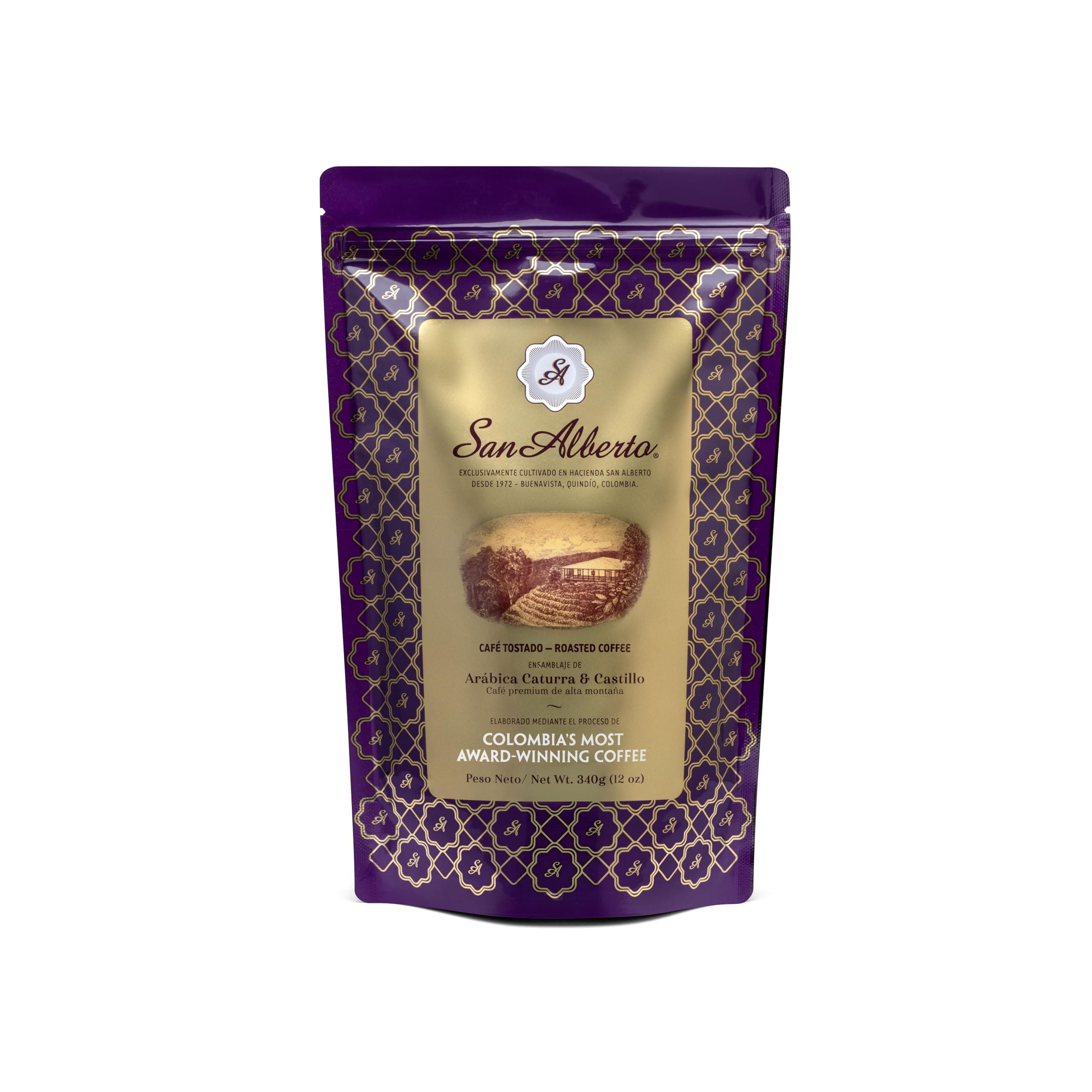 San Alberto Colombian Ground Coffee Medium Roast Single Origin Specialty 100% Arabica Sweet Intense Aromas Vanilla Caramel Dark Chocolate Notes Resealable Bag for Espresso V60 Chemex Drip Filter 12oz