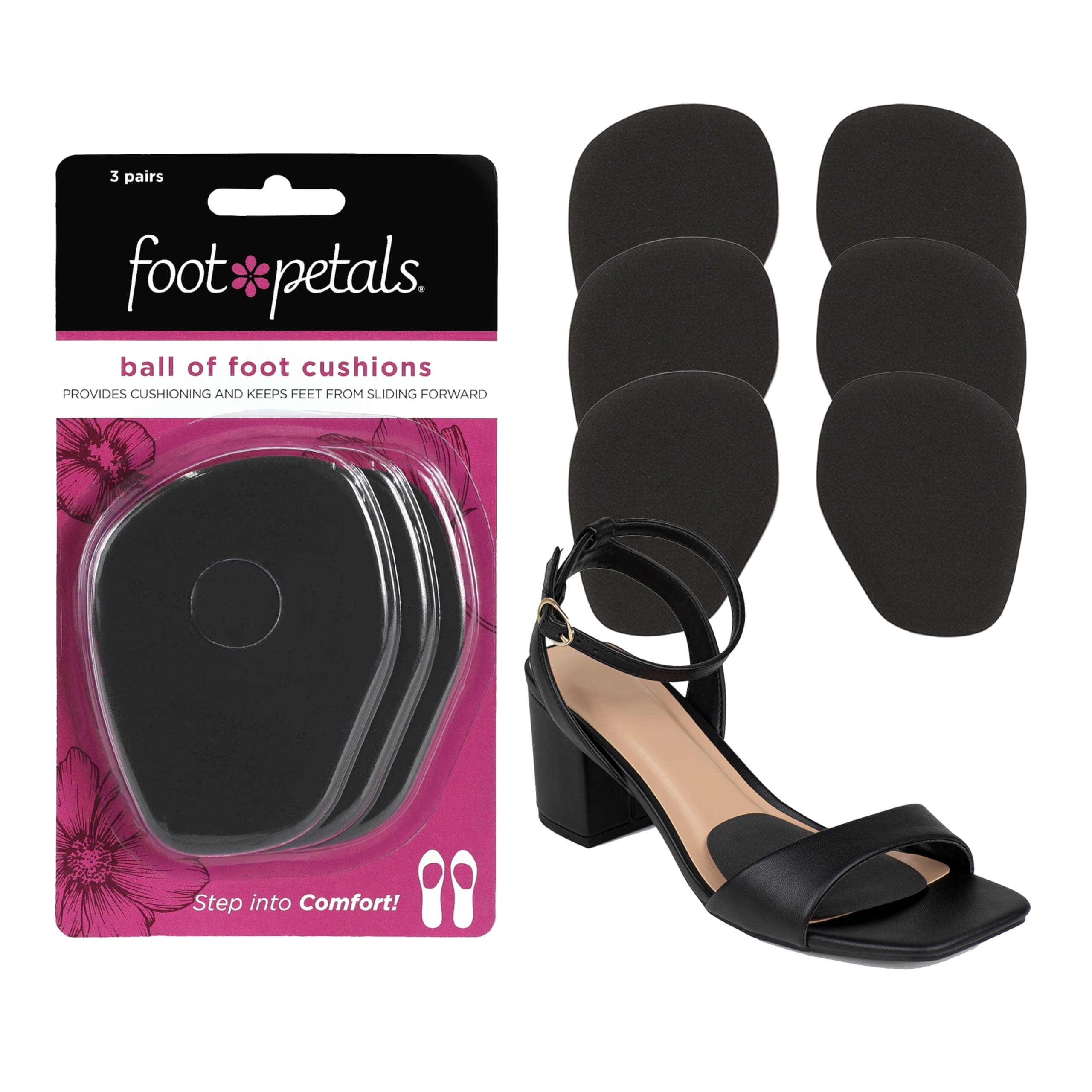 Foot Petals Unisex-Adult Ball of Foot Cushions, Metatarsal Pad, Lasting Comfort Relief, Prevent Toe Sliding, Overhang, Women's Heels, Black, One Size, Black, One size