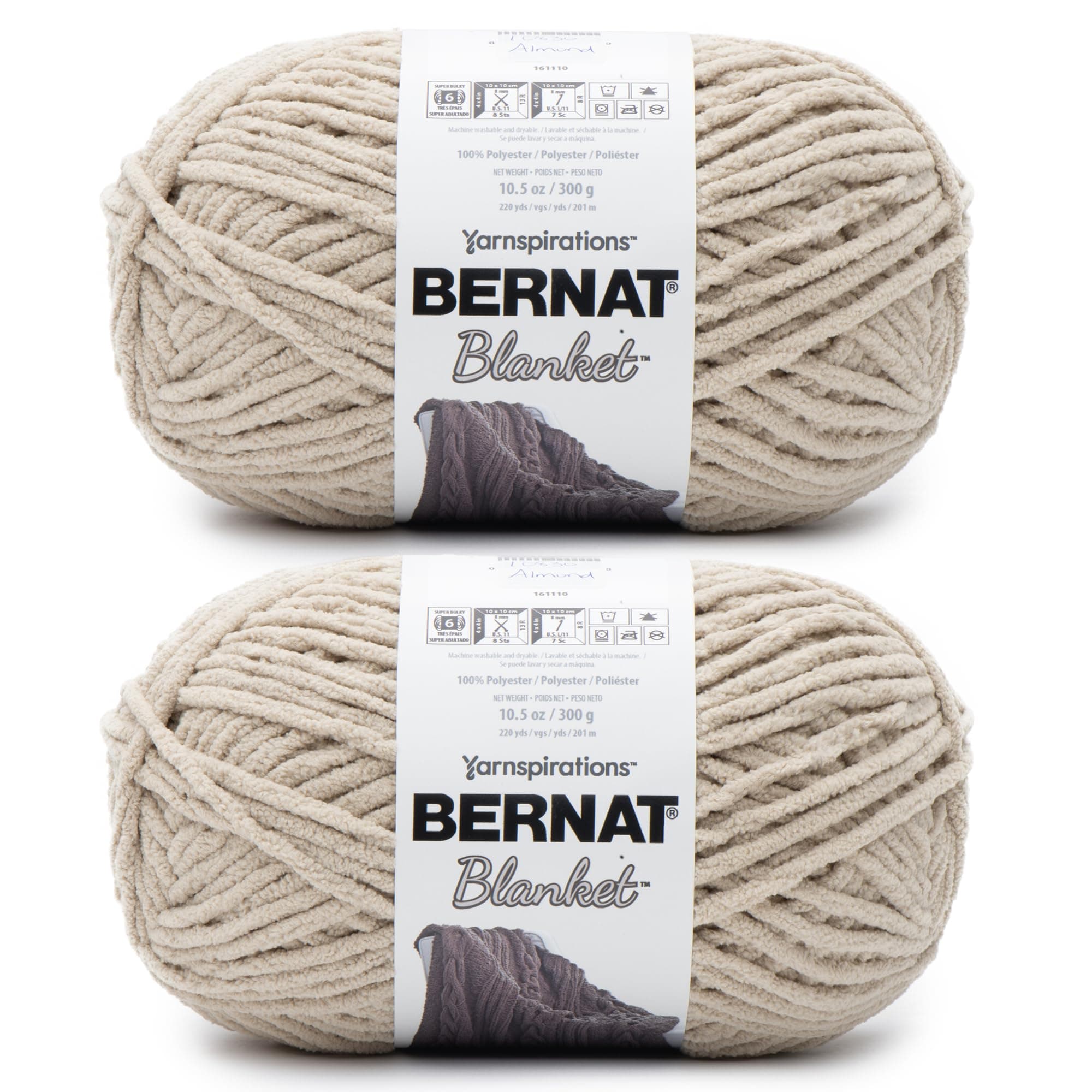 Bernat Blanket Super Bulky Acrylic Yarn - 2 Pack of 300g/10.5oz #6 Chunky Chenille Heavy Weight Yarn for Knitting and Crocheting, Amigurumi, Thick Blankets (Almond, 220 Yards 2-Pack)