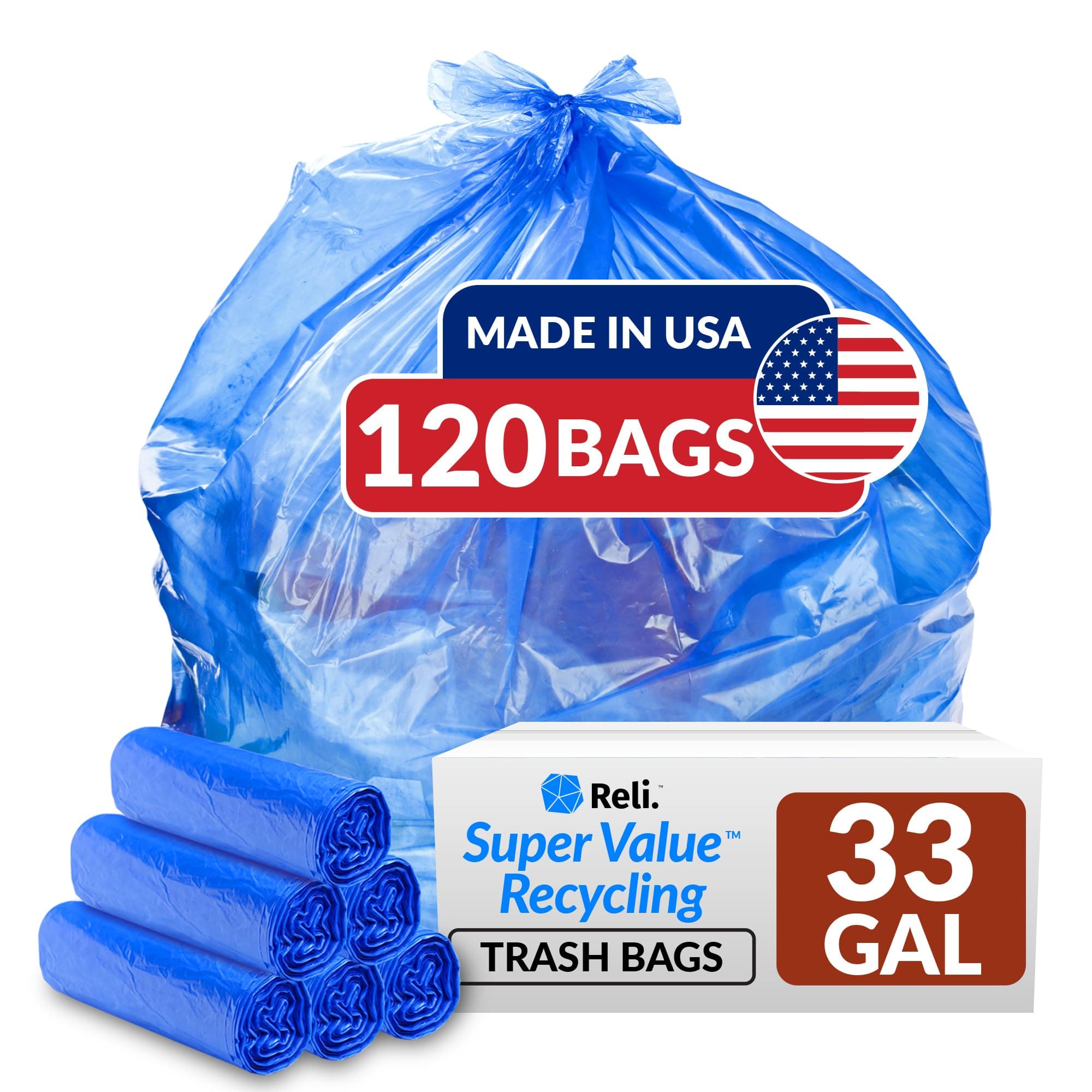 Reli. 33 Gallon Trash Bags (Blue) (120 Count Wholesale) - High Density Rolls