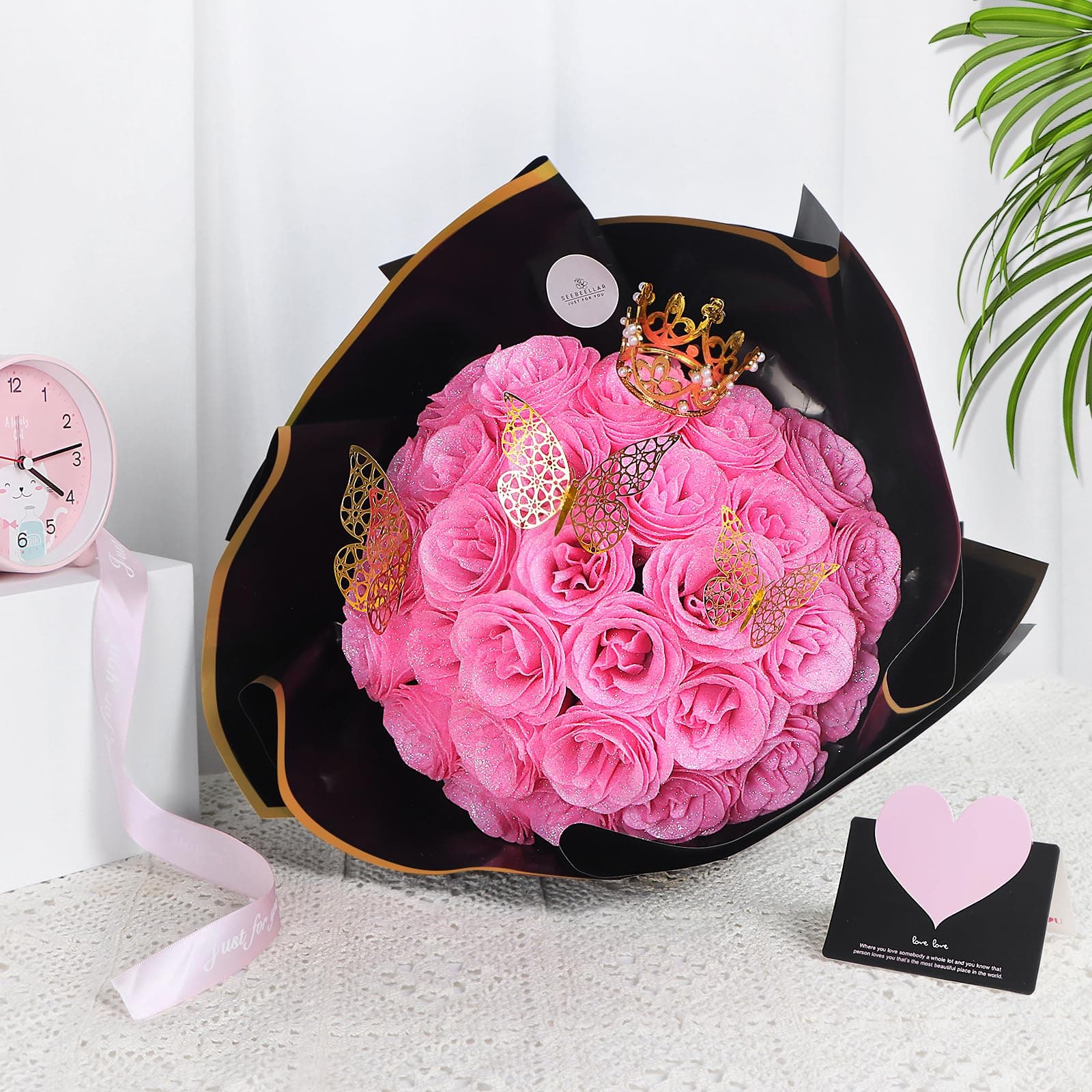 DIY Glitter Roses: Artificial Bouquet of Shiny Fake Flower Bouquet, Perfect for Mothers Day Gift, Anniversary, Weddings - 25 Roses (Pink)