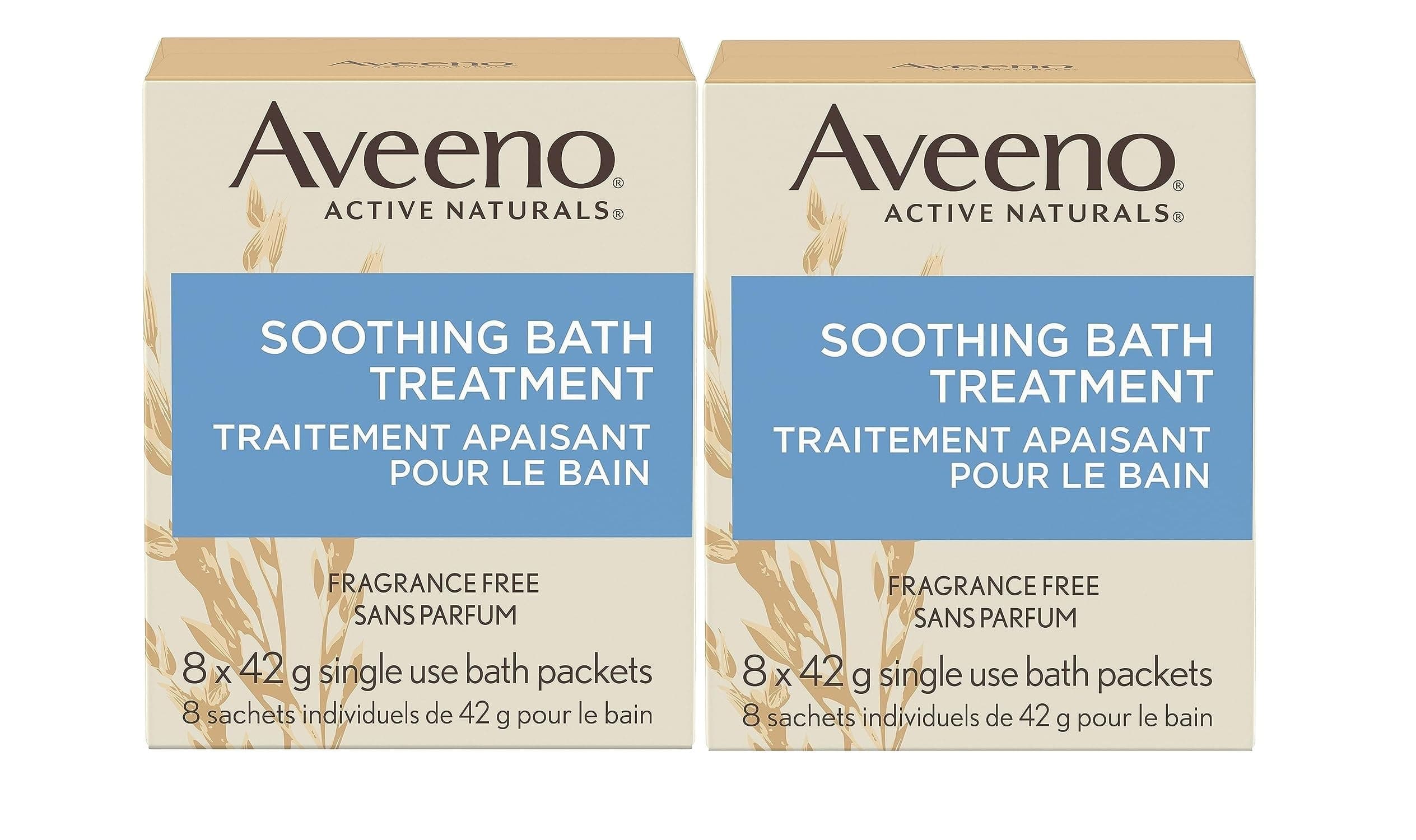 Aveeno Fragrance Free Soothing Bath Treatment, 100% Natural Colloidal Oatmeal, Sensitive Skin Bath Soak for Relief of Dry, Itchy, Irritated Skin Due to Eczema & Hives, Bath Packets, 8 ct. (Pack of 2)