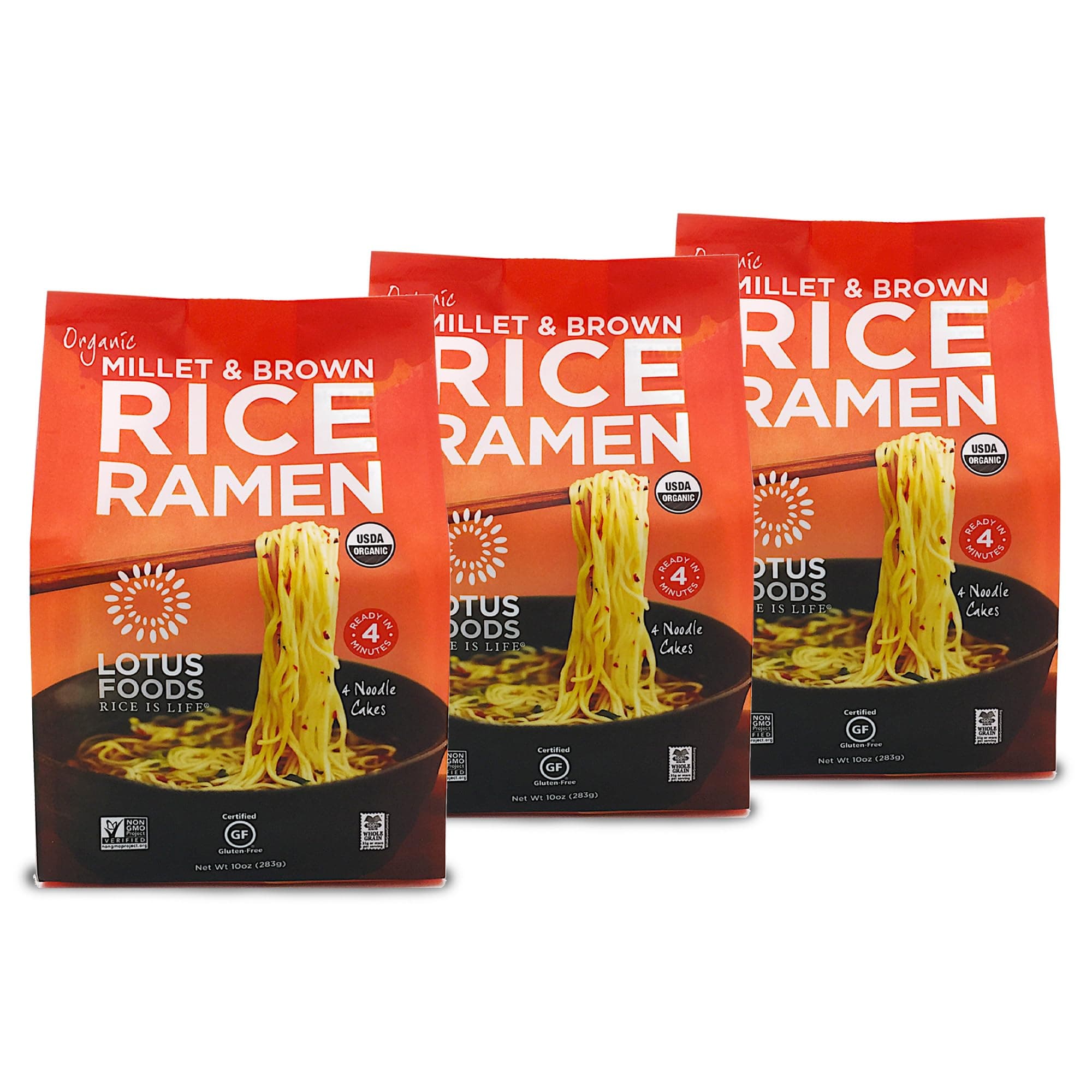 Lotus Foods Organic Millet & Brown Rice Ramen - Gluten Free Ramen Noodles, Whole Grain Ramen Noodles, Organic Vegan Ramen, Low Sodium Rice Noodles, Organic, Gluten-Free, Vegan - 10 Oz Bags (Pack of 3)
