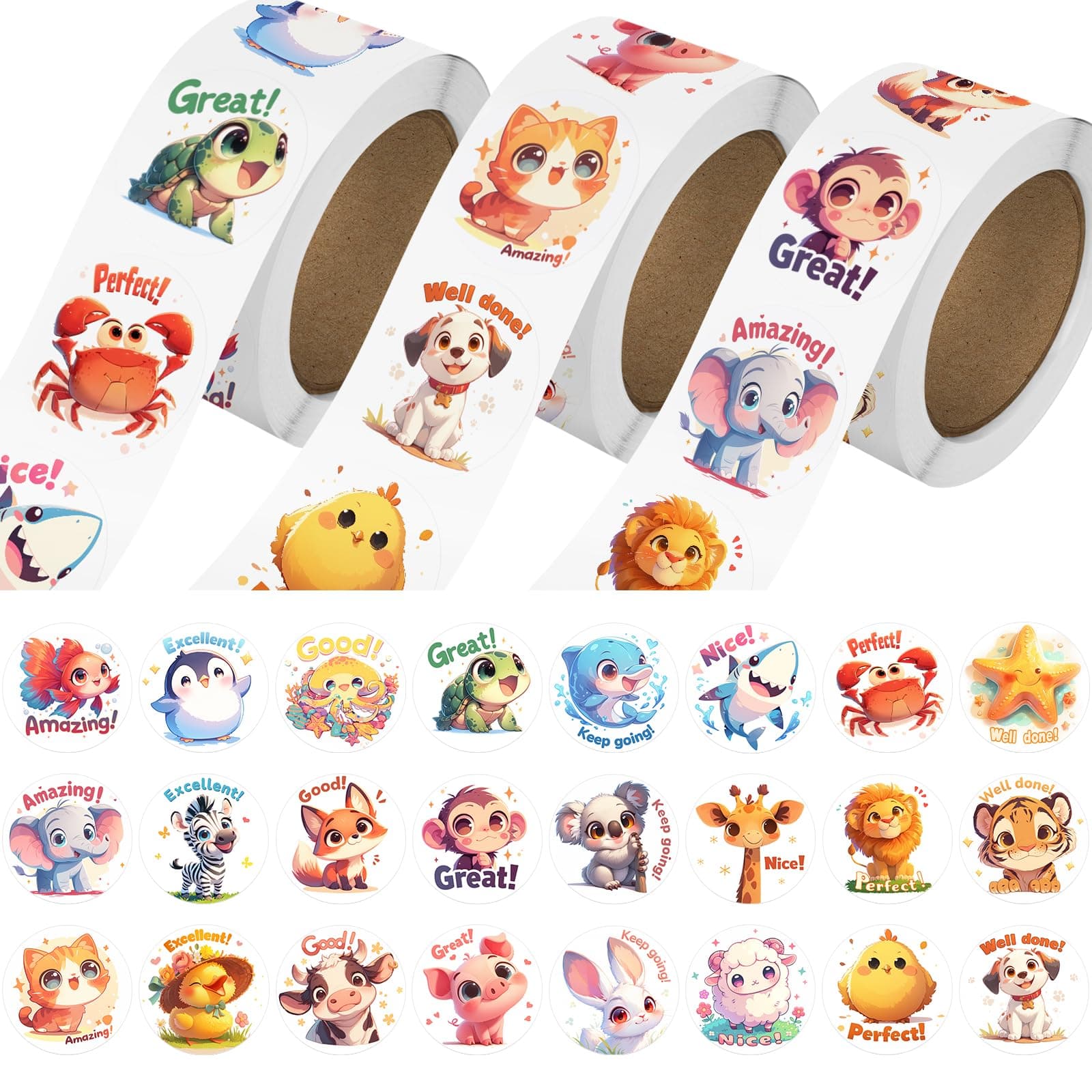 3 Rolls Animal Stickers for Kids, 1500 PCS Kids Stickers Bulk for Toddlers 2-4, 24 Designs Farm/Ocean/Wild Cute Sticker with Motivational Words for Kid Reward, School Supplies (1.0 Inch)