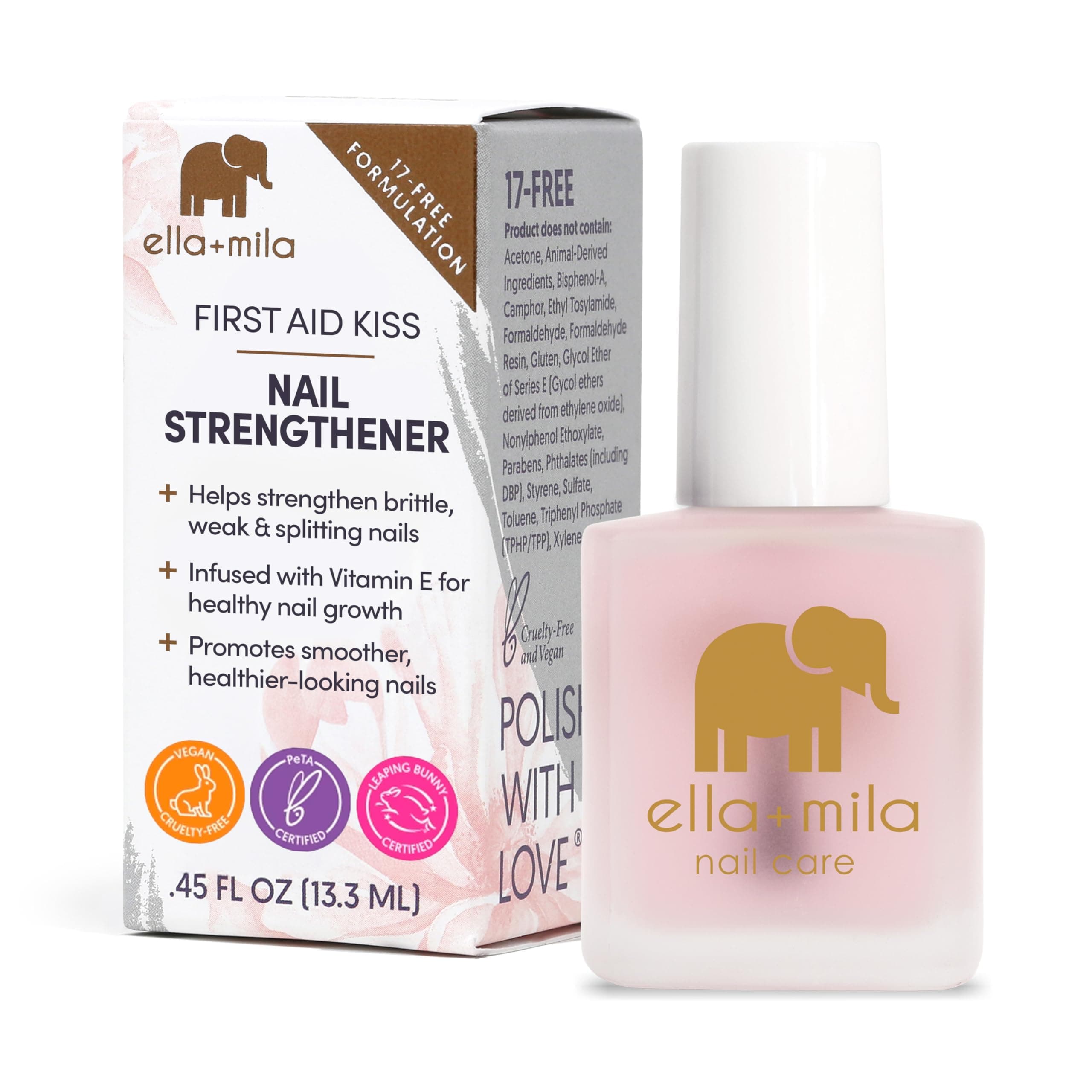 Ella+Mila "First Aid Kiss" Nail Strengthener And Growth Treatment- Repair Solution & Treatment For Thin, Brittle Damaged Nails - Hardener With Vitamin E (0.45 Fl Oz)