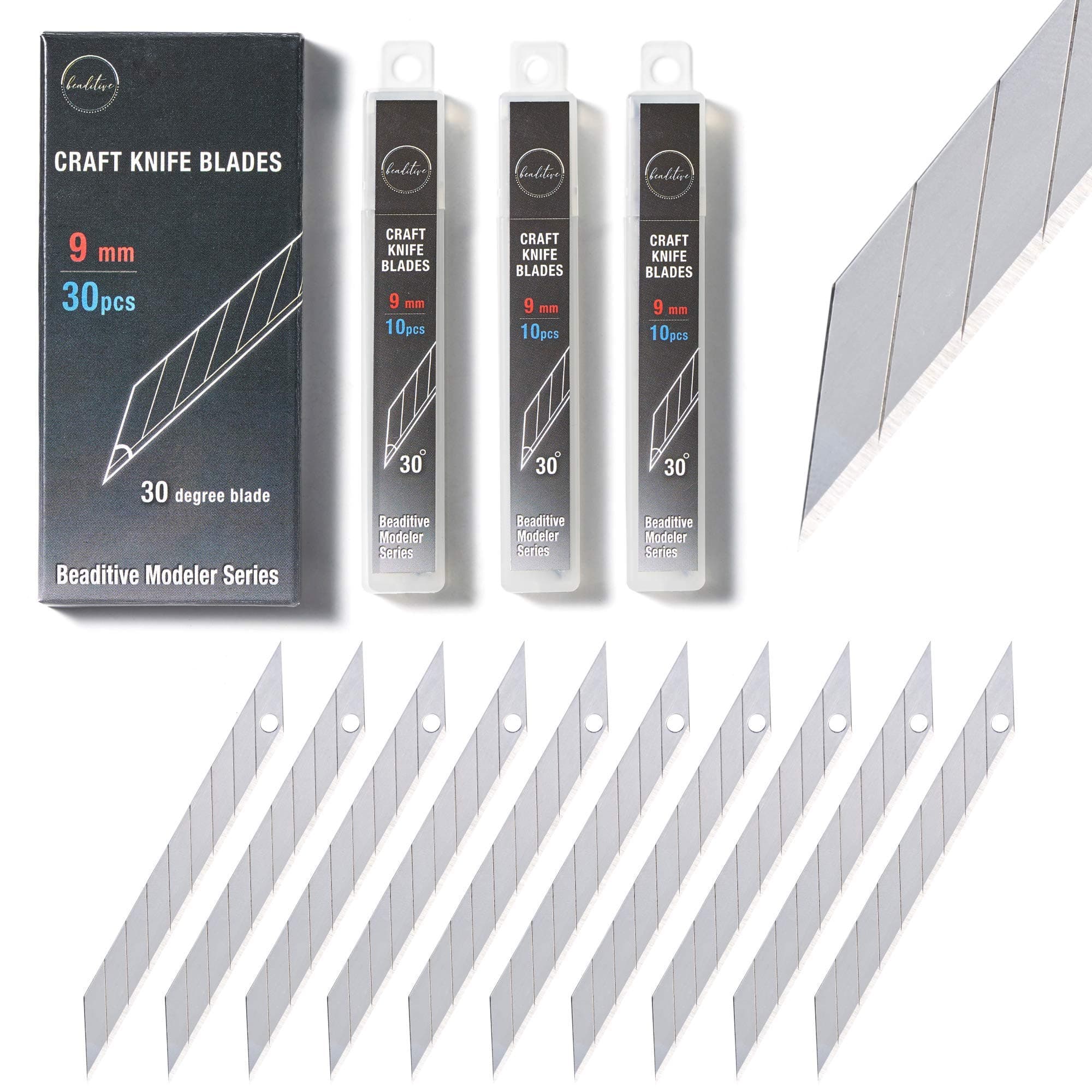 Beaditive Detail Craft Knife Blades (30 pcs) - 30 Degree Snap-Off Utility Knife Blade - Art, Craft, Model Making (Steel)