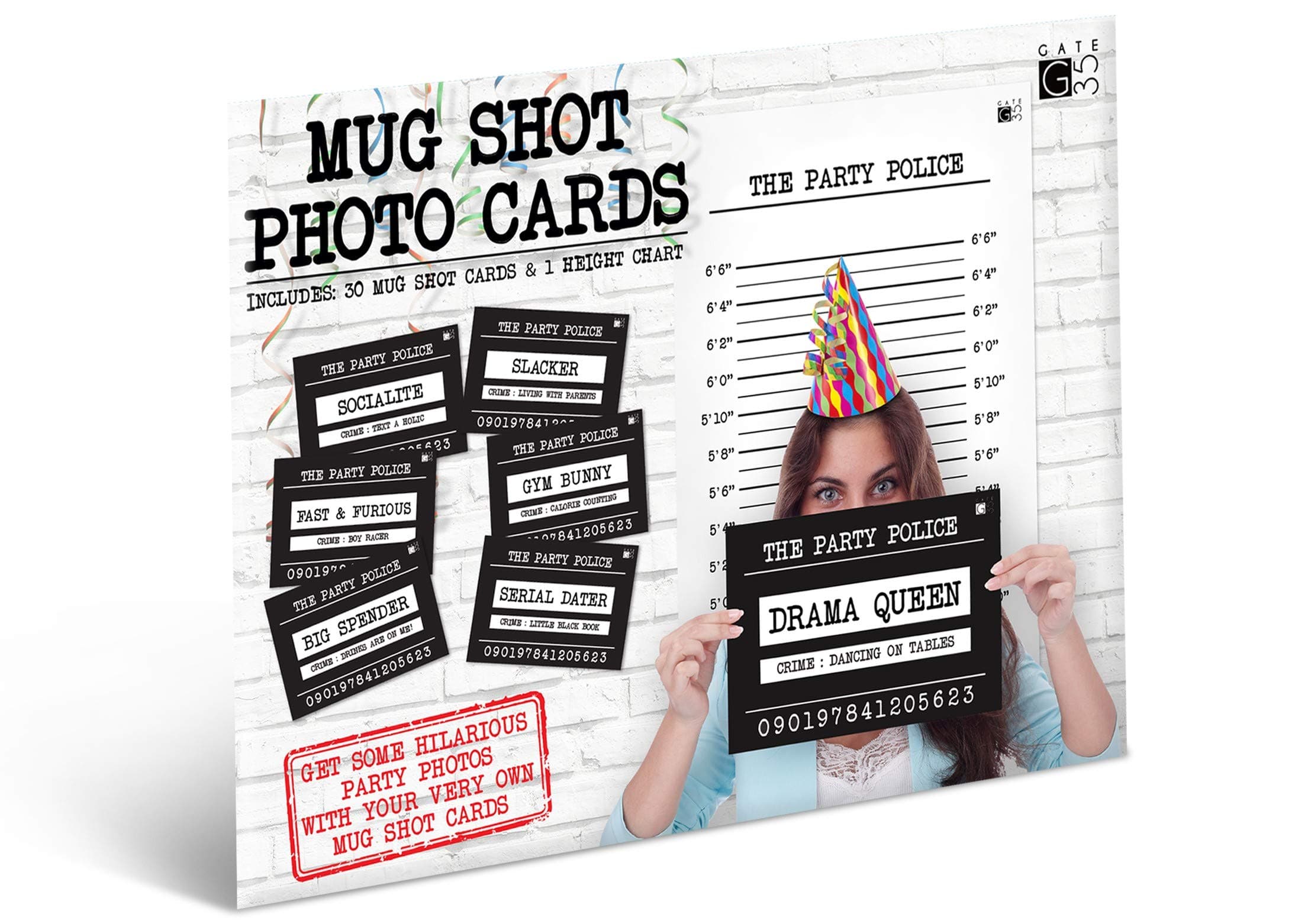 30 Mug Shot Photo Booth Set - Funny Hen Stag Birthday Party Signs - Includes Back Drop