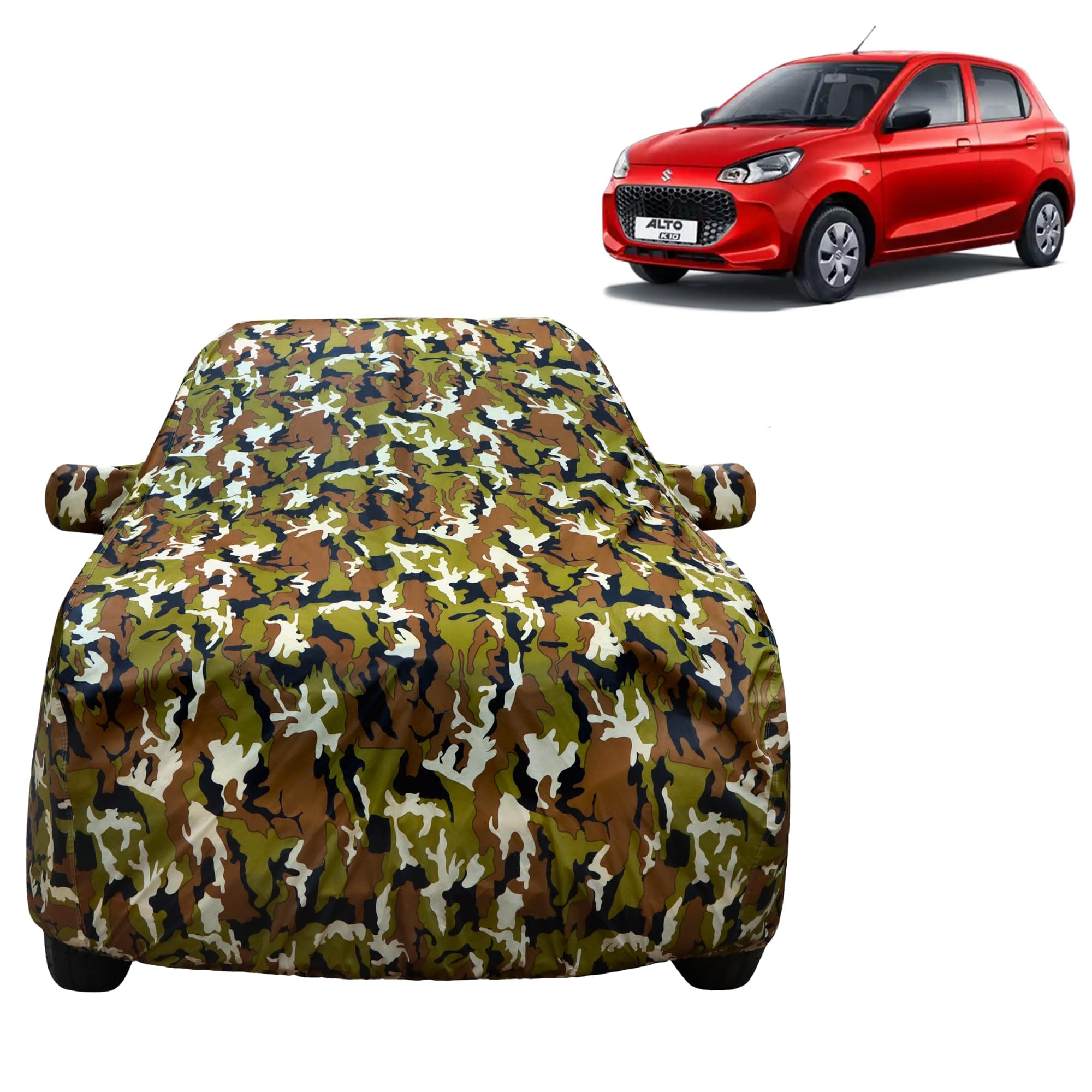 VYAS 100% Waterproof Car Body Cover for Maruti Suzuki New Alto K10 (2022-2025) with Mirror Pocket Triple Stitched Belt & Buckle Fitting Dual Elastic, Durable Material Jungle Print Camouflage Design