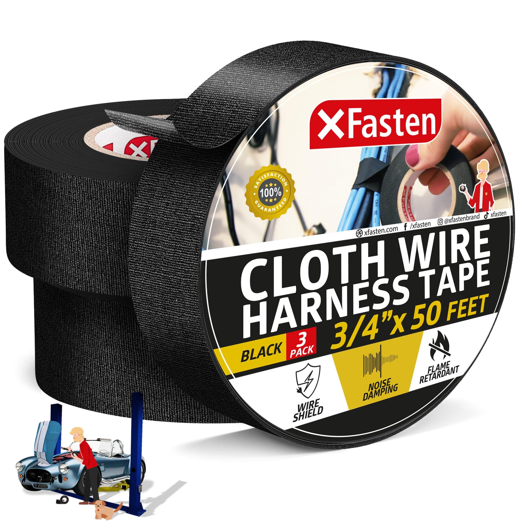 XFasten Wire Harness Tape, 3/4-Inch by 50-Foot (3-Pack), High Temp Wiring Loom Harness Self-Adhesive Felt Cloth Electrical Tape for Automotive Engine and Electrical Wiring