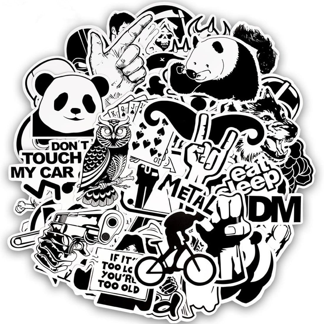 FEZZ 100pcs Stickers Pack Mixed Random Sticker Black White Cartoon Waterproof for DIY Laptop Macbook Car Motorcycle Bicycle Luggage Graffiti Skateboard
