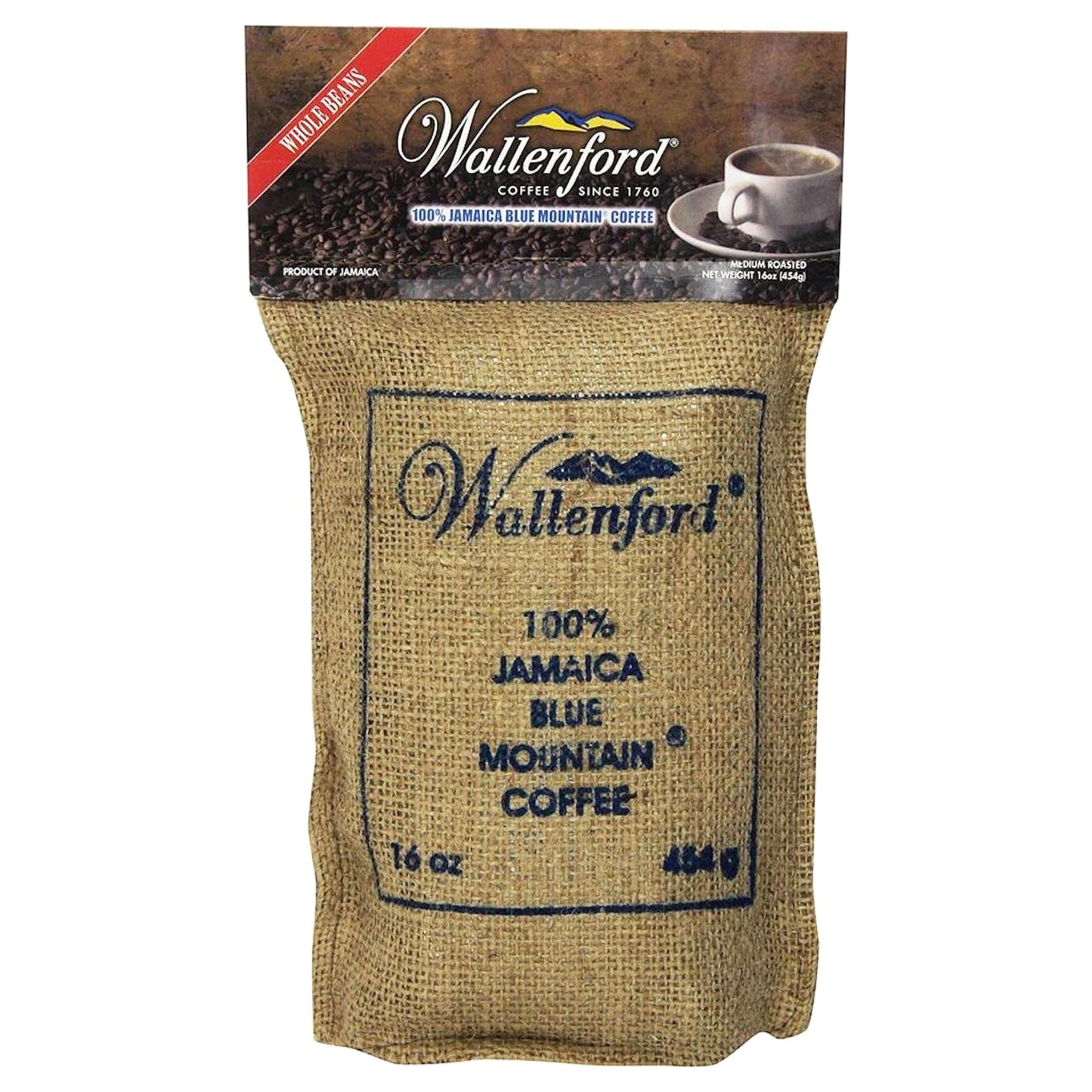 Wallenford's 100% Jamaica Blue Mountain Roasted Whole BeanCoffee - Authentic Jamaican Blue Mountain Coffee Beans, Blue Mountain Coffee from Jamaica - 16oz