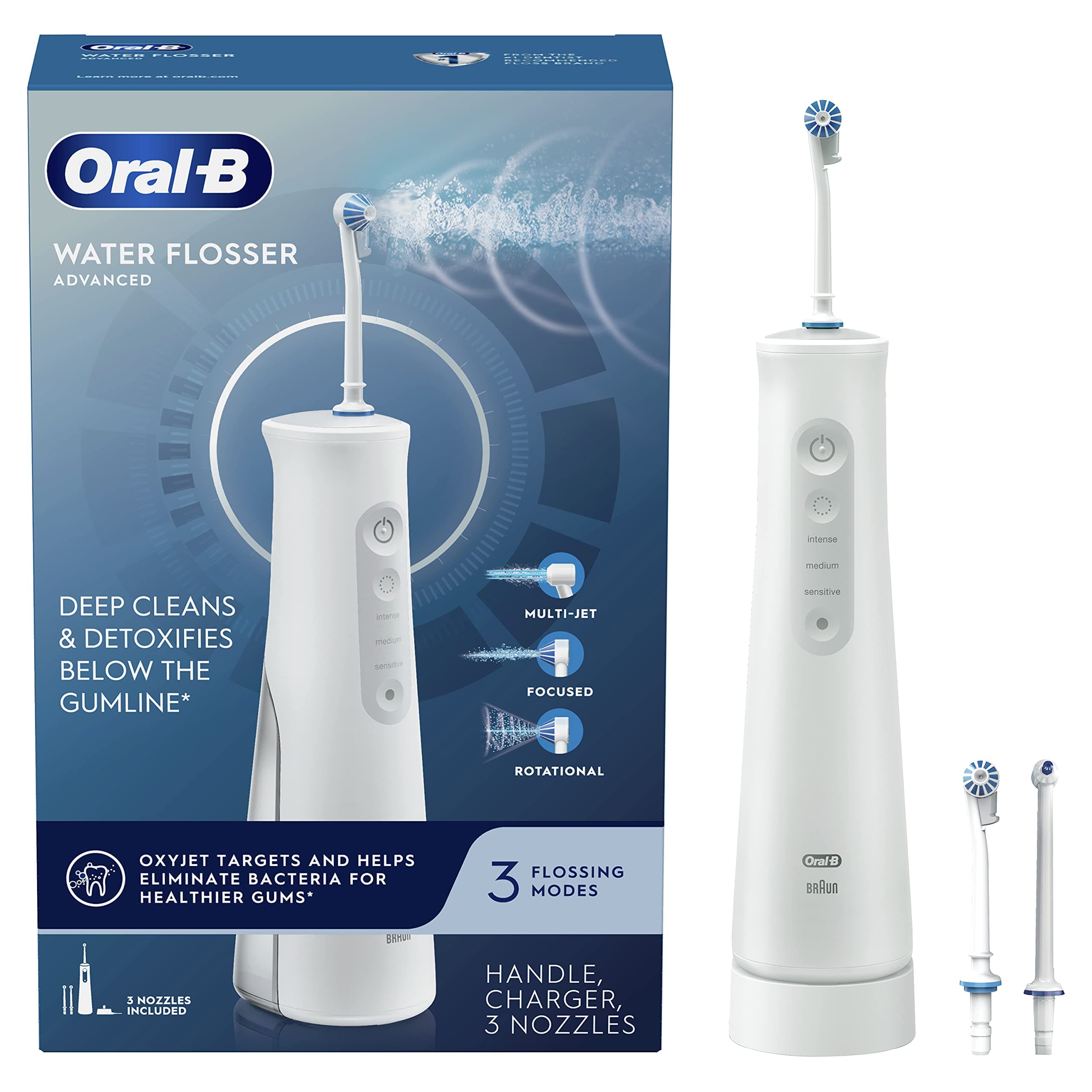 Water Flosser Advanced, Cordless Portable Oral Irrigator Handle with 3 Nozzles