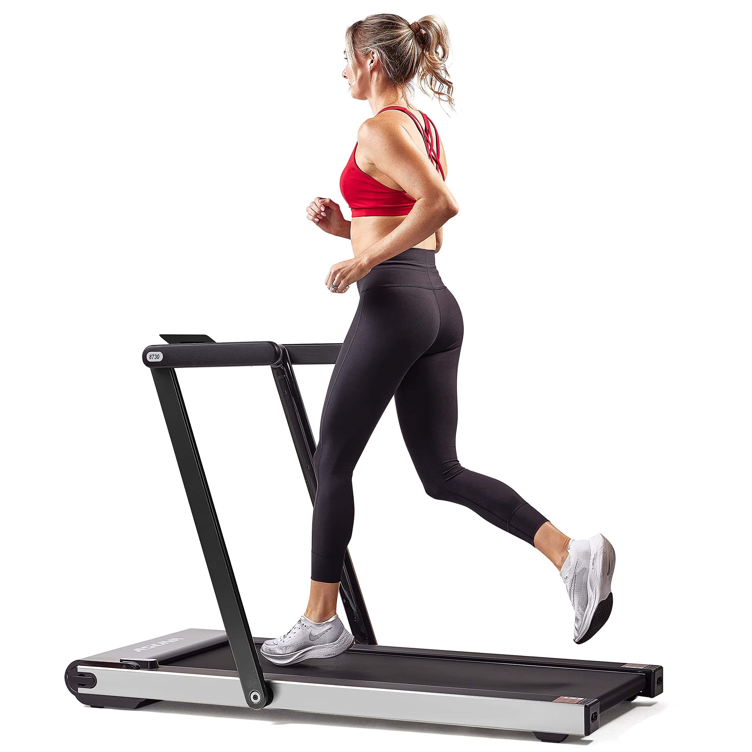 Sunny Health & Fitness Slim Foldable Treadmill Fully Assembled, 17.7" x 49" Non-Slip Running Surface, 2.5 HP Motor, Speeds up to 8 MPH, Shock-Absorption, Device Holder, Digital Monitor, & Easy Storage