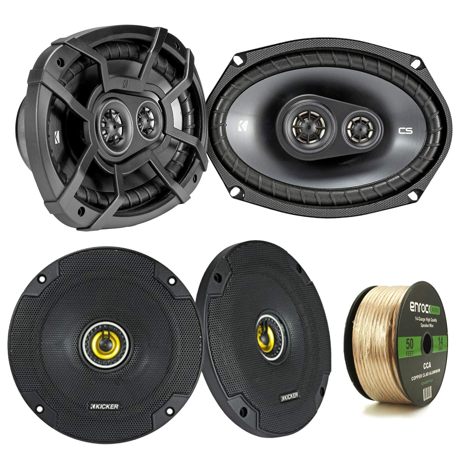 2 Pair Car Speaker Package Of 2x Kicker CSC654 600-Watt 6.5" Inch 2-Way Black Coaxial Speakers + 2x CSC6934 900W 6x9" CS Series 3-Way Speakers - Bundle Combo With Enrock 50 Foot 14 Gauge Speaker Wire