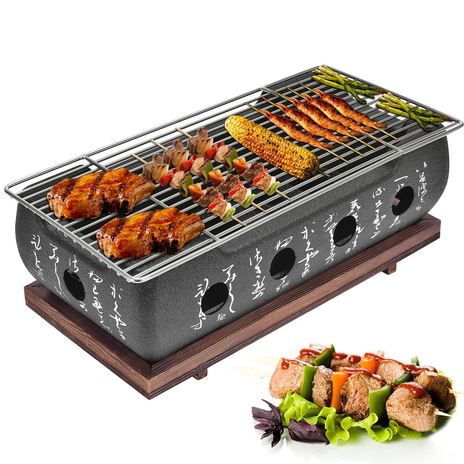 Japanese Style BBQ Grill,14 x 6.9 x 4 inches Portable Barbecue Stove Aluminium Alloy Charcoal Stove with Wire Mesh Grill and Base Japanese Tabletop Household Barbecue Tools