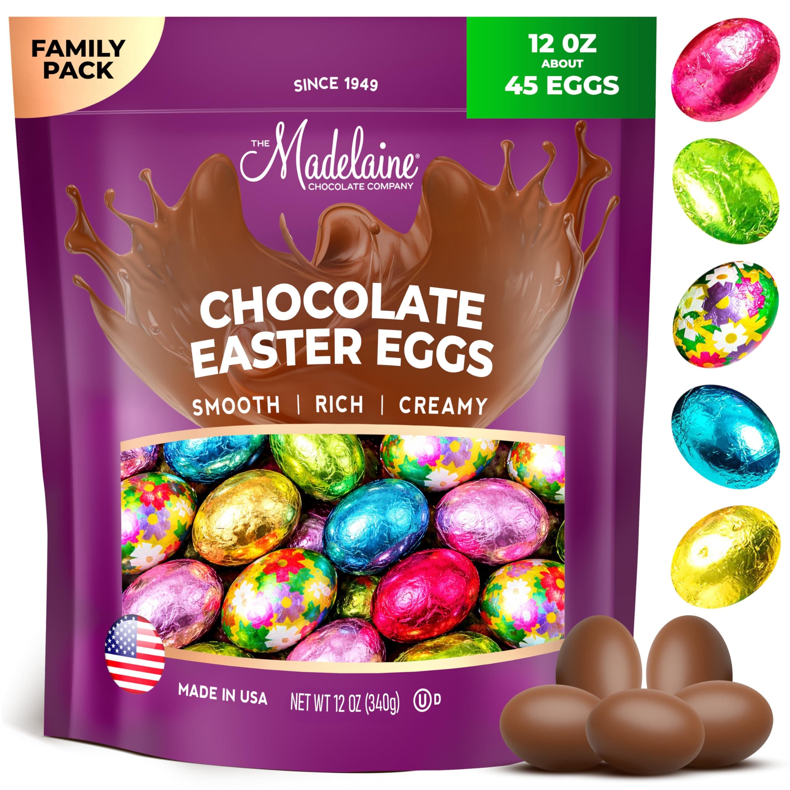 Madelaine Chocolates Easter Eggs (12 Oz) Easter Candy Solid Premium Milk Chocolate Eggs Foiled In A Variety Of Solid and Floral Colors - Traditional Basket Mainstays