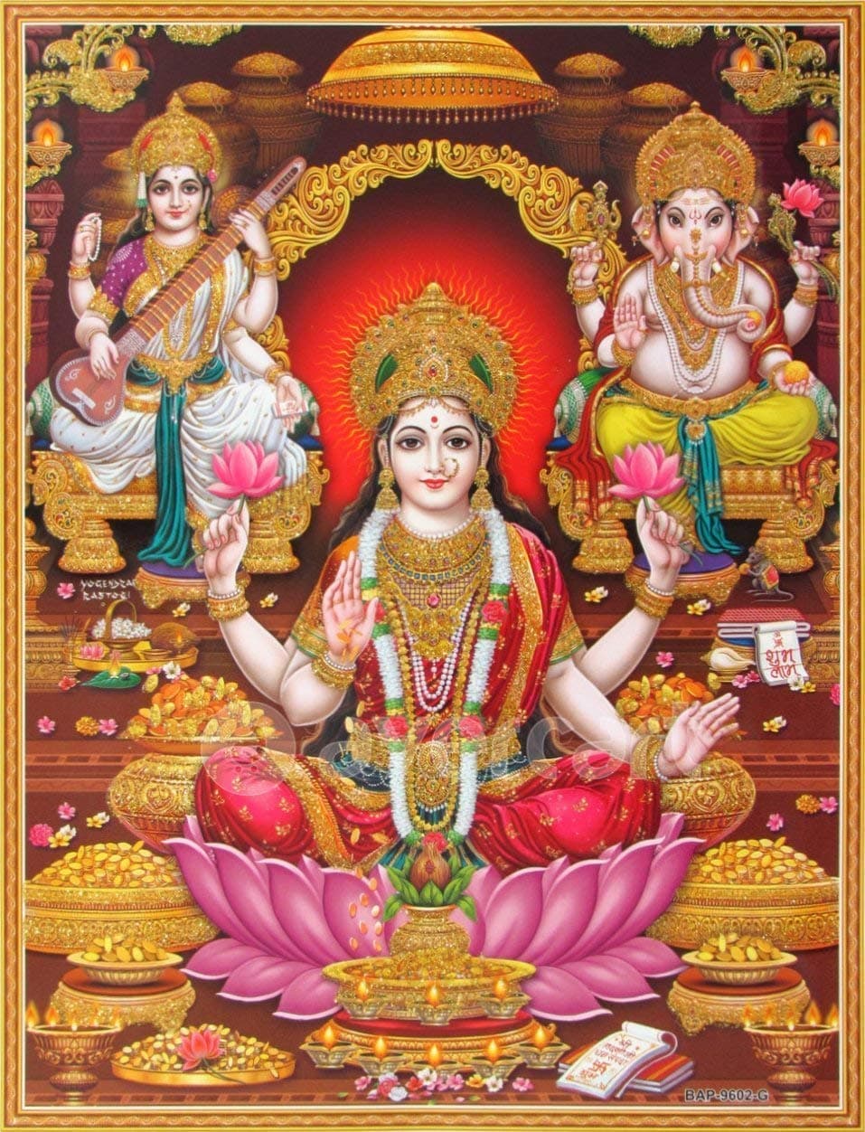 by zolto posters,Shri Lakshmi/Laxmiji/Goddess of Wealth with Ganesha/Ganpati and Saraswati/Ganesh-Laxmi-Saraswathi Poster 12x18