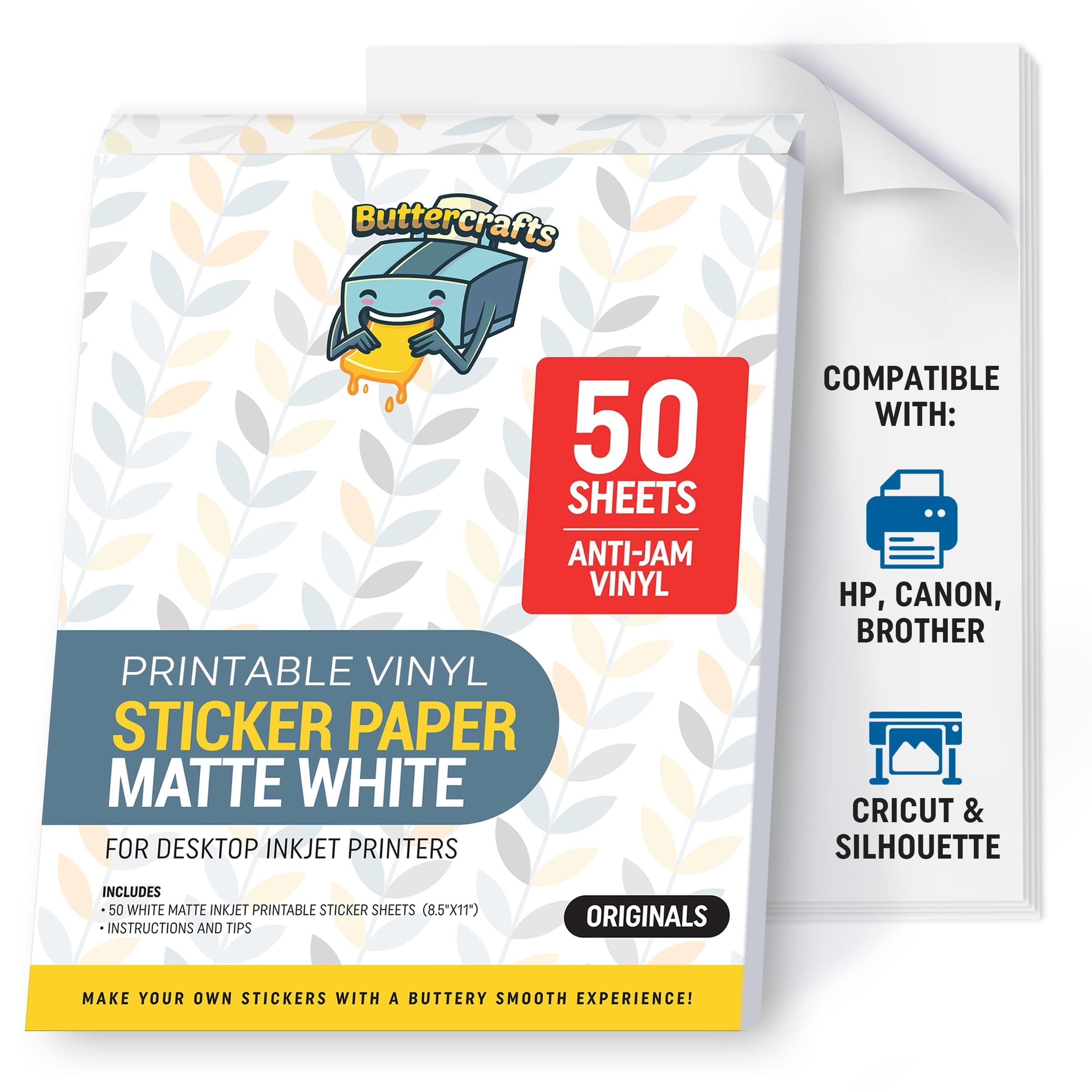 Premium Printable Vinyl Sticker Paper for Inkjet Printer - 50 Sheets, 8.5"x11" Matte Waterproof Weatherproof White - Strong Adhesive Labels & Decals