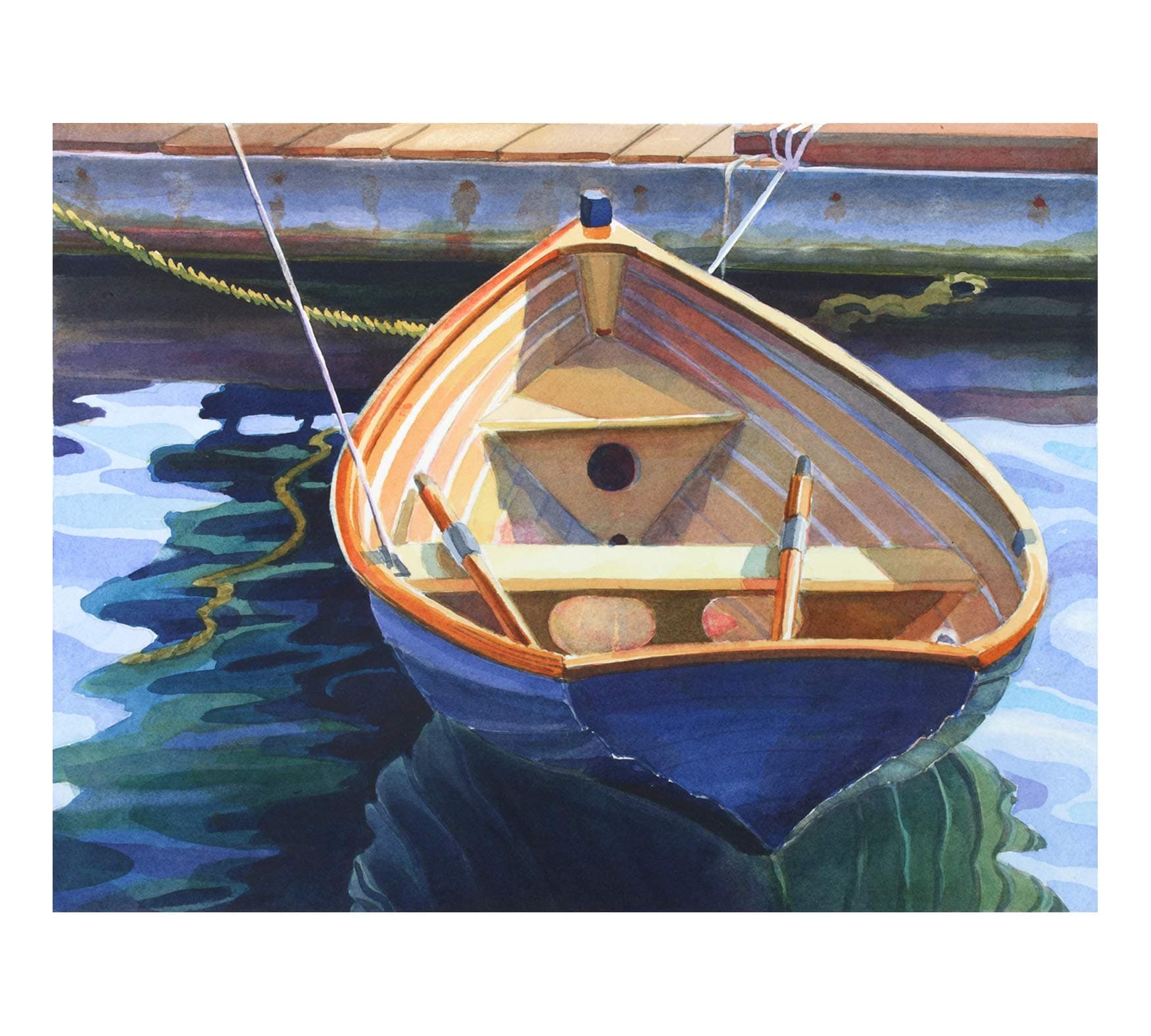 Blue Boat, a Nicely Painted Wooden Rowboat, 10 X 13 Inches