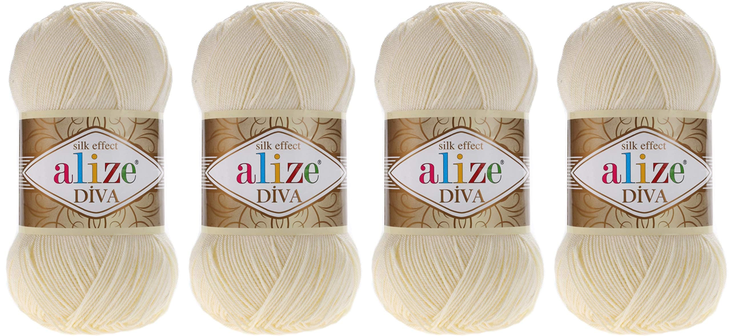 Hand Knitting Yarn 100% Microfiber Acrylic Yarn Alize Diva Silk Effect Thread Crochet Art Lace Craft Lot of 4 skeins 400gr 1532yds Color (1 Cream)