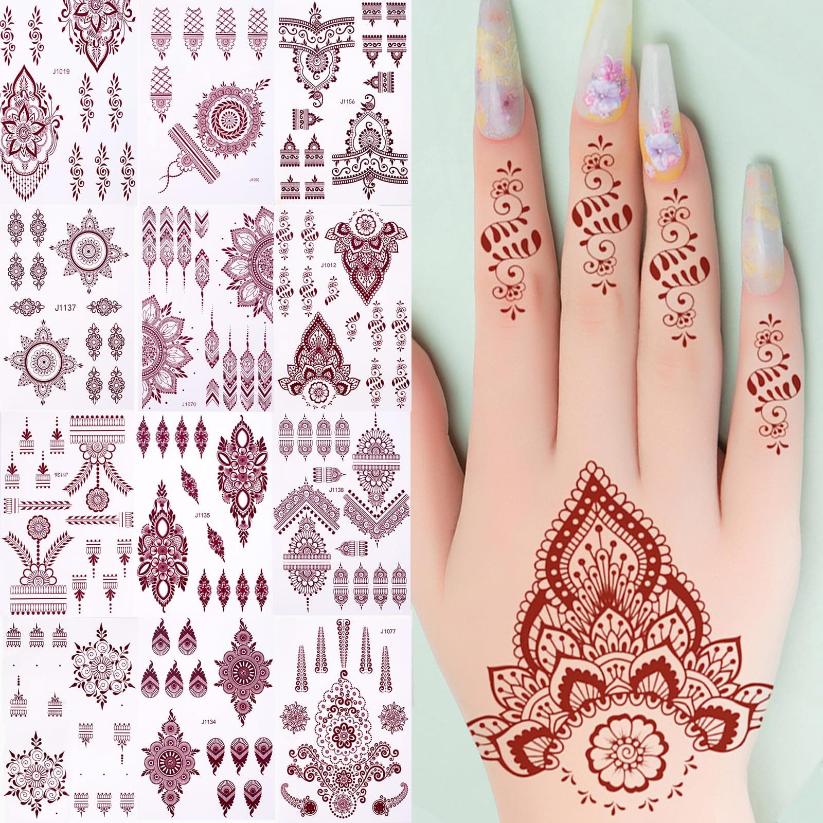 12 Sheets Henna Tattoo Kit Temporary Tattoo Adul Stickers Lace Pattern Fake Tattoos Henna Sticker for Women Girls DIY on Body Face Arms Legs (Red 12PCS)