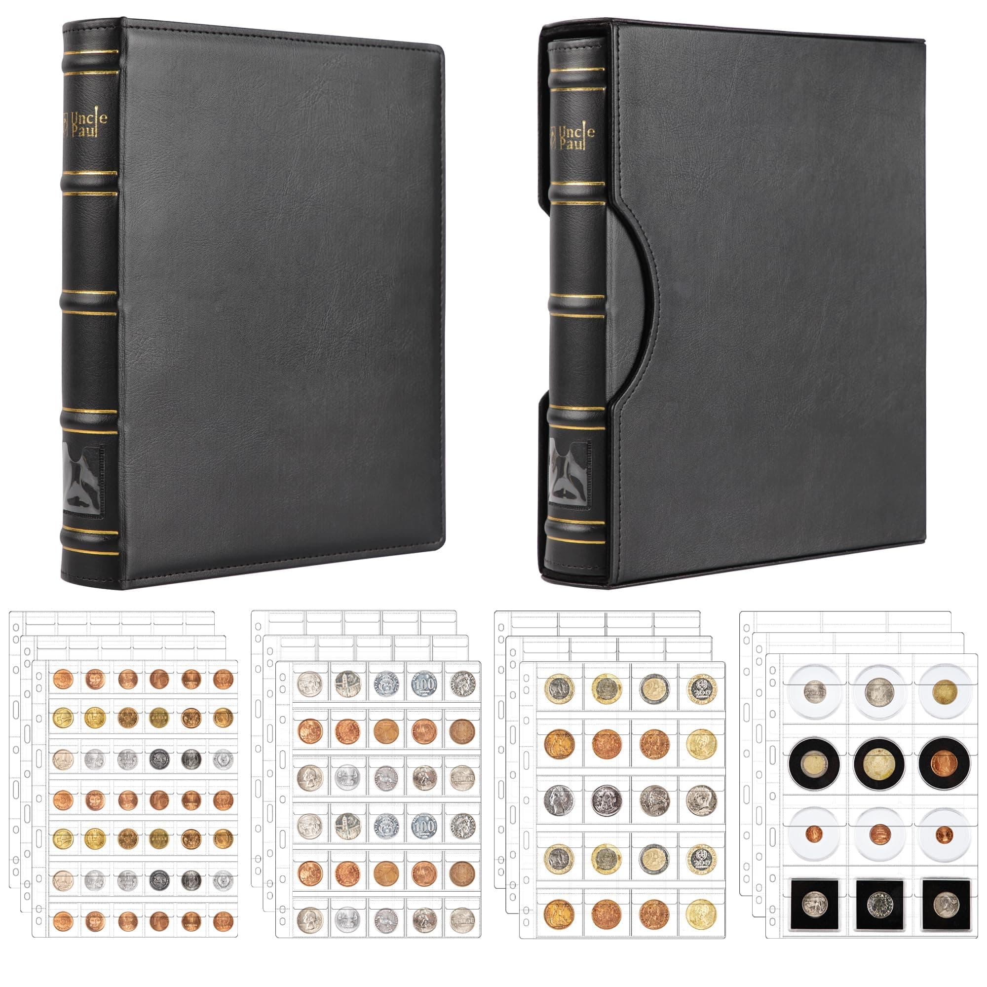 Uncle Paul Leather Binder with Coin Pocket Pages Set - Assorted 4 Sizes Pages, 12Pcs Coin Pocket Inserts Collecting Sleeves for Global Travel, All in One 4-Ring Coin Album for Journal 9.6"x 11.8" BC01