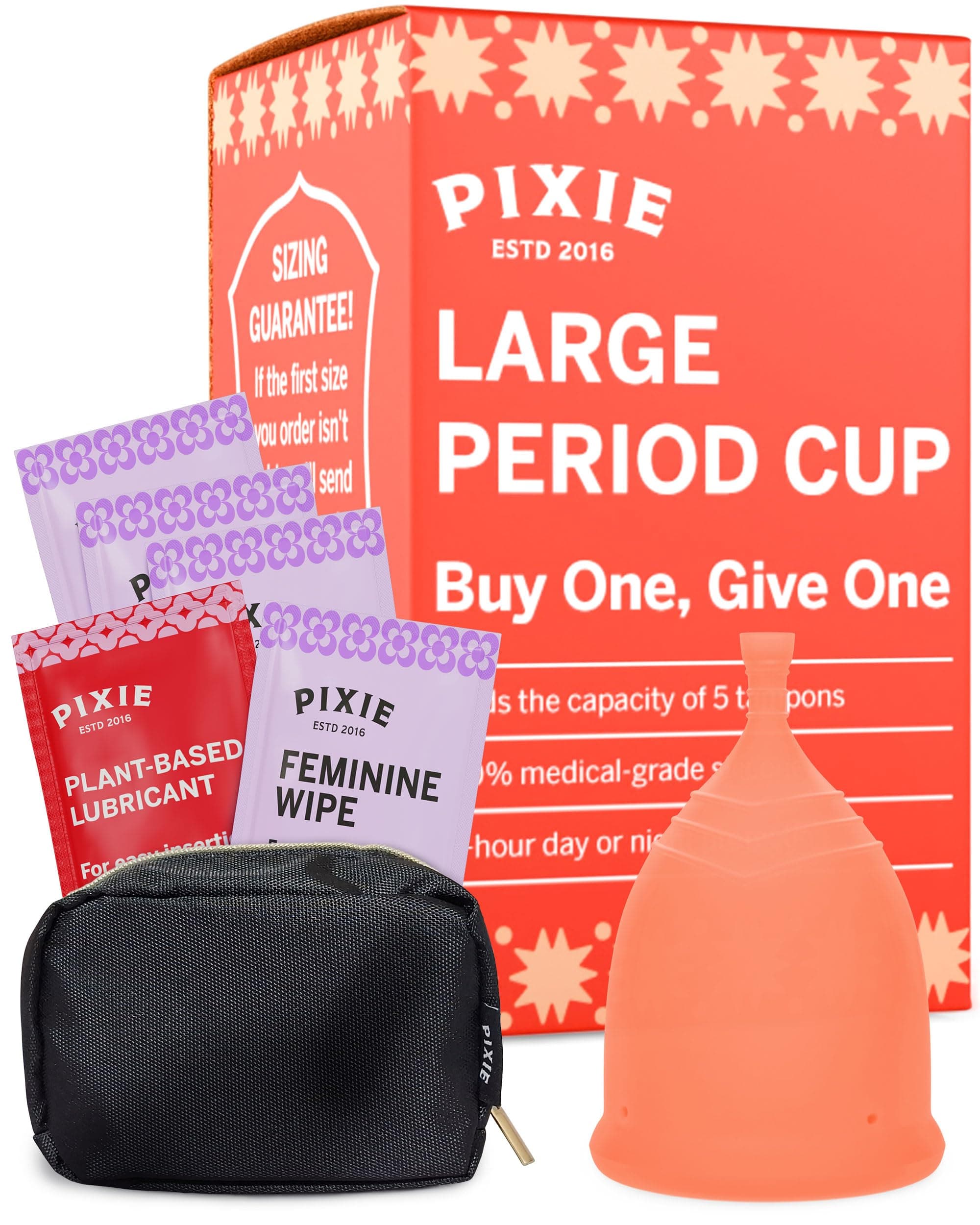 Pixie Menstrual Cup - 100% Medical-Grade Silicone Reusable Period Cup - Eco-Friendly, No Metals or Toxins - 12-Hr Leakproof, Odor-Free - Tampon Alternative (Large)
