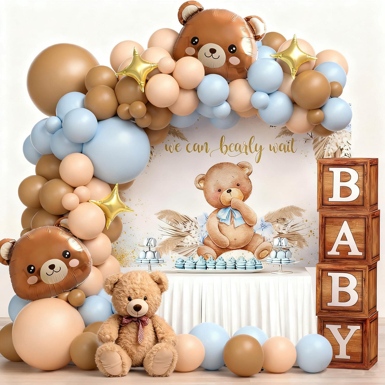 117 Teddy Bear Baby Shower Decorations for Boy Birthday Supplies Brown Blue Balloon Garland Kit Wood Grain Boxes with Letters Bearly Wait Backdrop Bear Theme Baby Shower Decor
