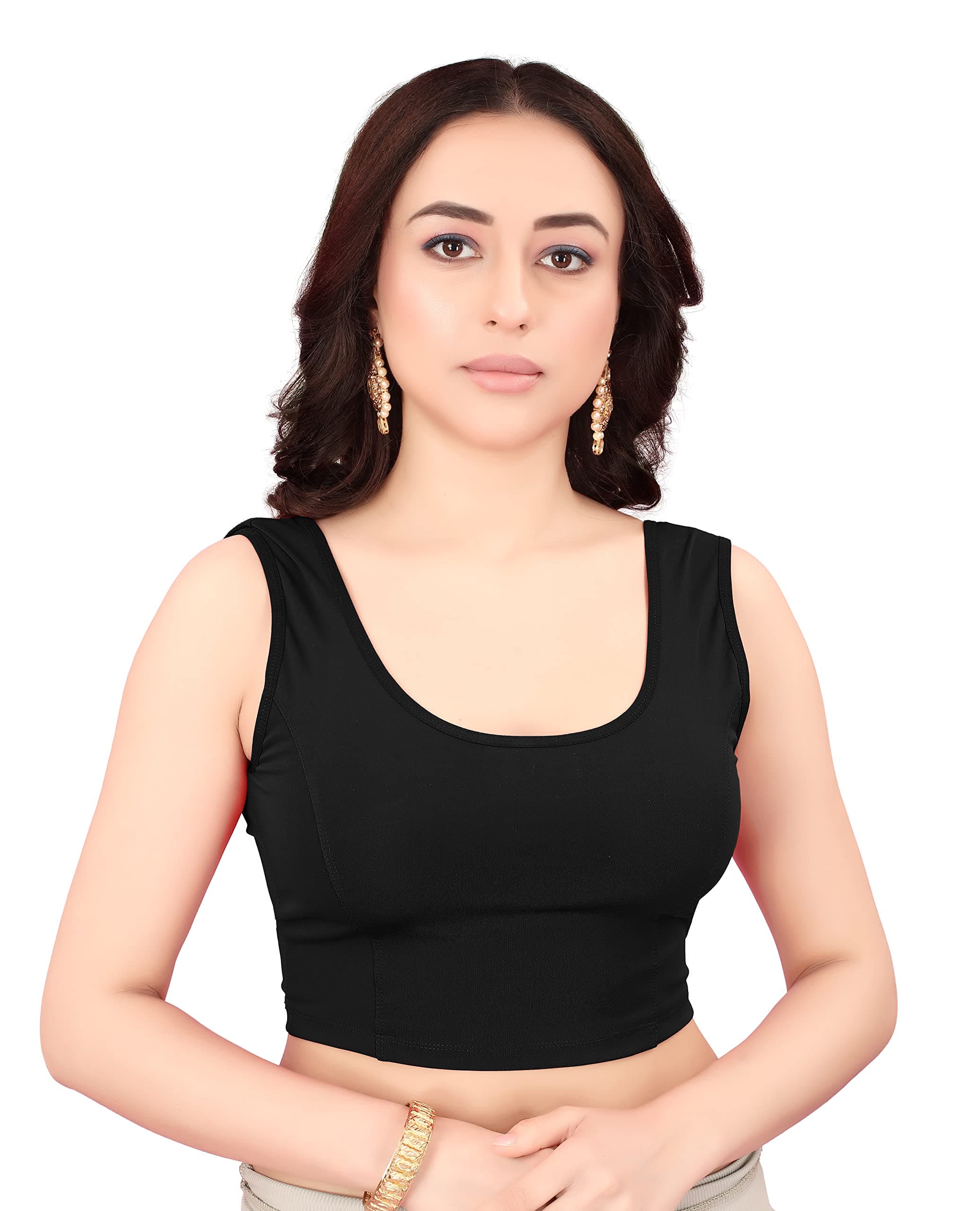 SERONA FABRICSRound Neck Cotton Lycra Blend Stretchable Readymade Sleeveless Saree Blouse