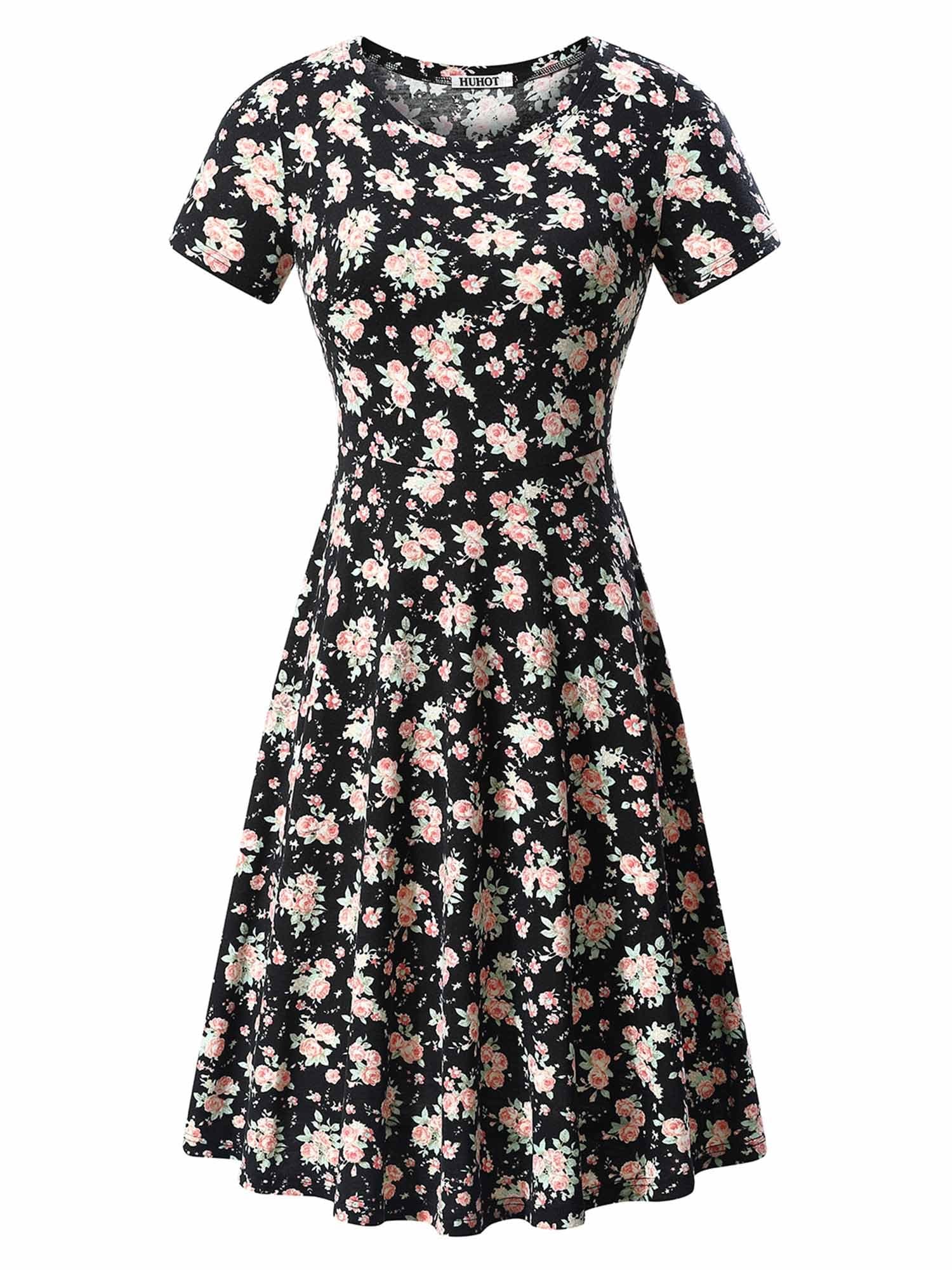 HUHOT Women Short Sleeve Round Neck Summer Casual Flared Midi Dress (Medium, Floral-23)