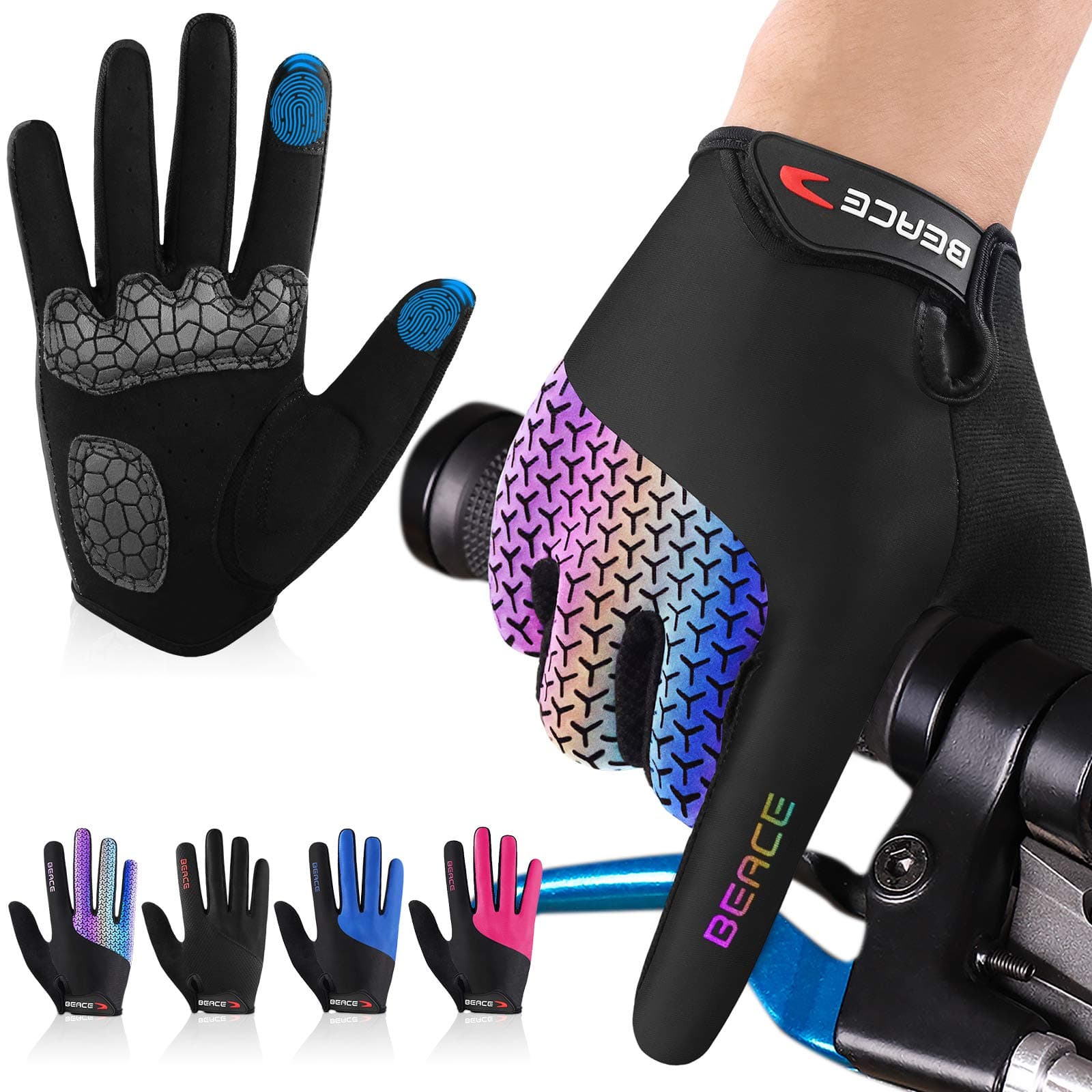 BEACE Cycling Bike Biking Gloves for Women(Colorful Night Glow) with Touch Screen-Full Finger Workout Road Mountain Bike Gloves Anti-Slip Silicone Palm