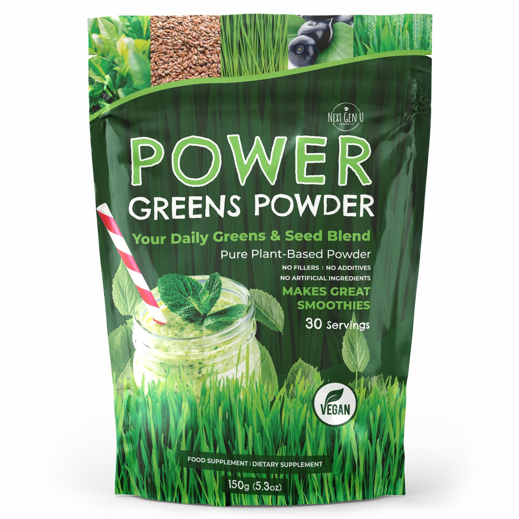 Super Greens Powder - 150g - Immune Support - Food Supplement - Superfood Greens - Smoothie Mix for Shakes - Detox & Healthy Boost for Juice Beverages or Any Drink - by NextGenU