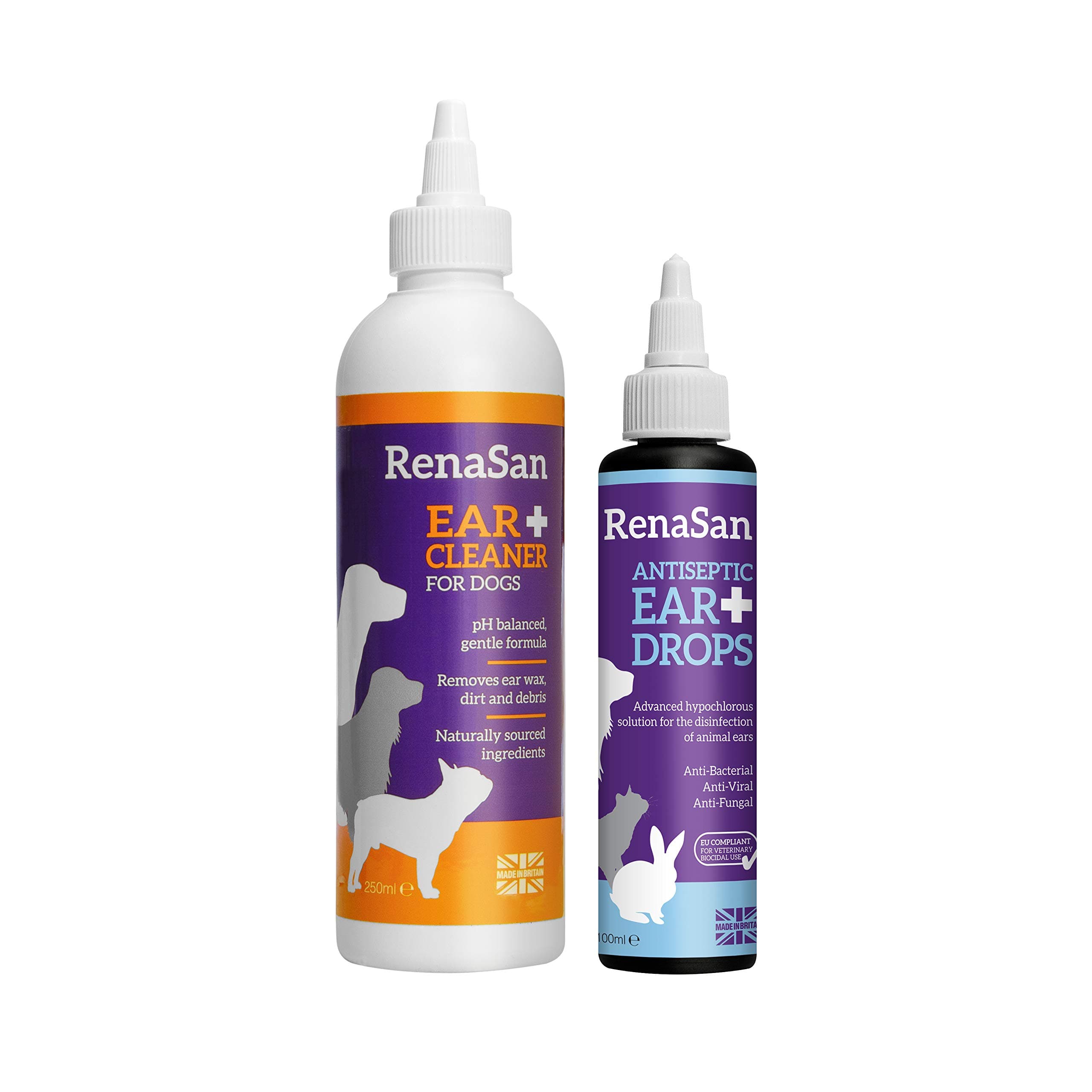RenaSan Ear Cleaner & Disinfectant Kit for Dogs - Antiseptic Dog Ear Drops 100ml and Ear Cleaner For Dogs 250ml - Disinfectant Ear Cleaner Solution for Infections, Itchy Ears and Wax Build Up