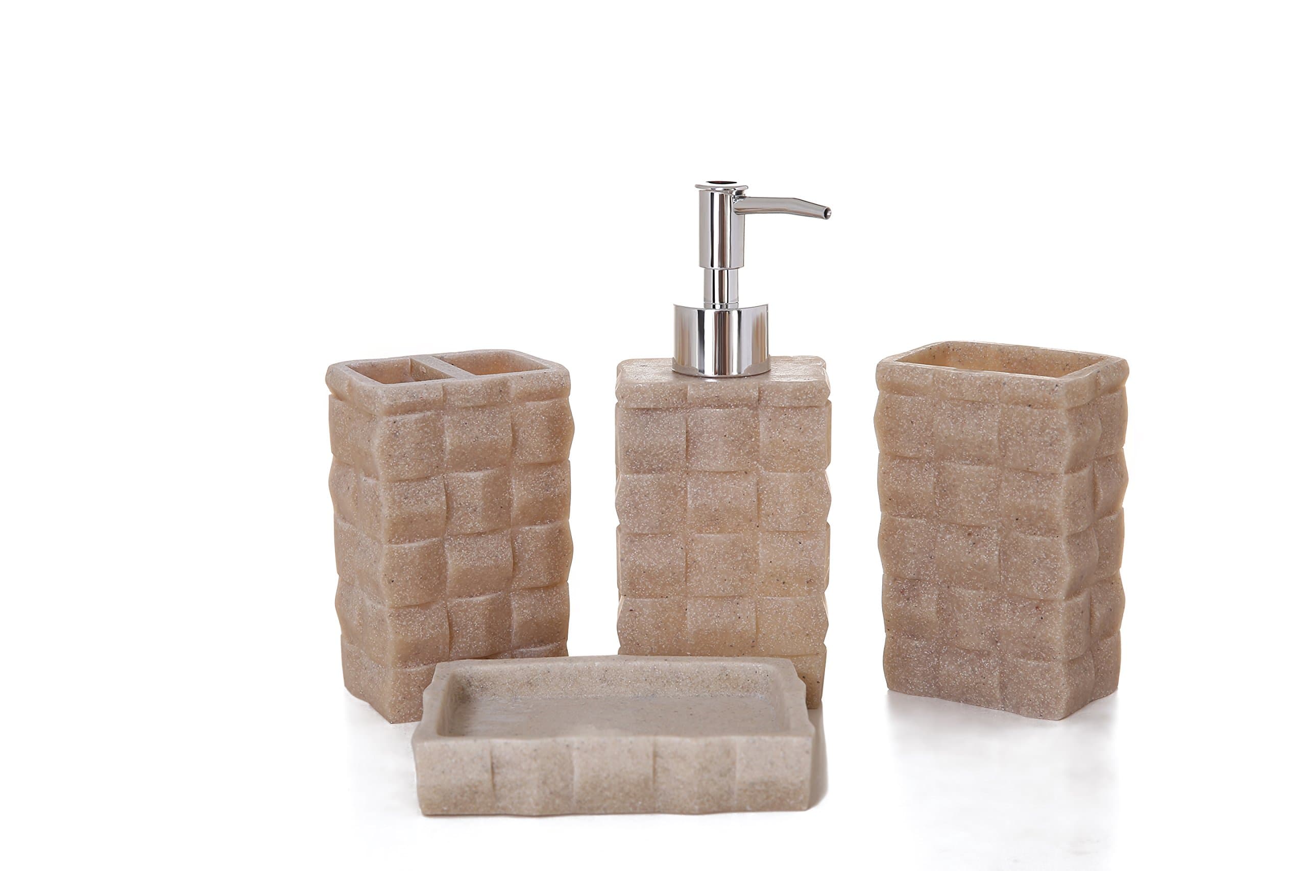 THE GIFT FOR LIFE Stylish 4 pieces bathroom accesory set, dress your bathroom with this chic decorative set. Features: tumbler, toothbrush holder, soap dispenser pump and soap or hand towel dish.
