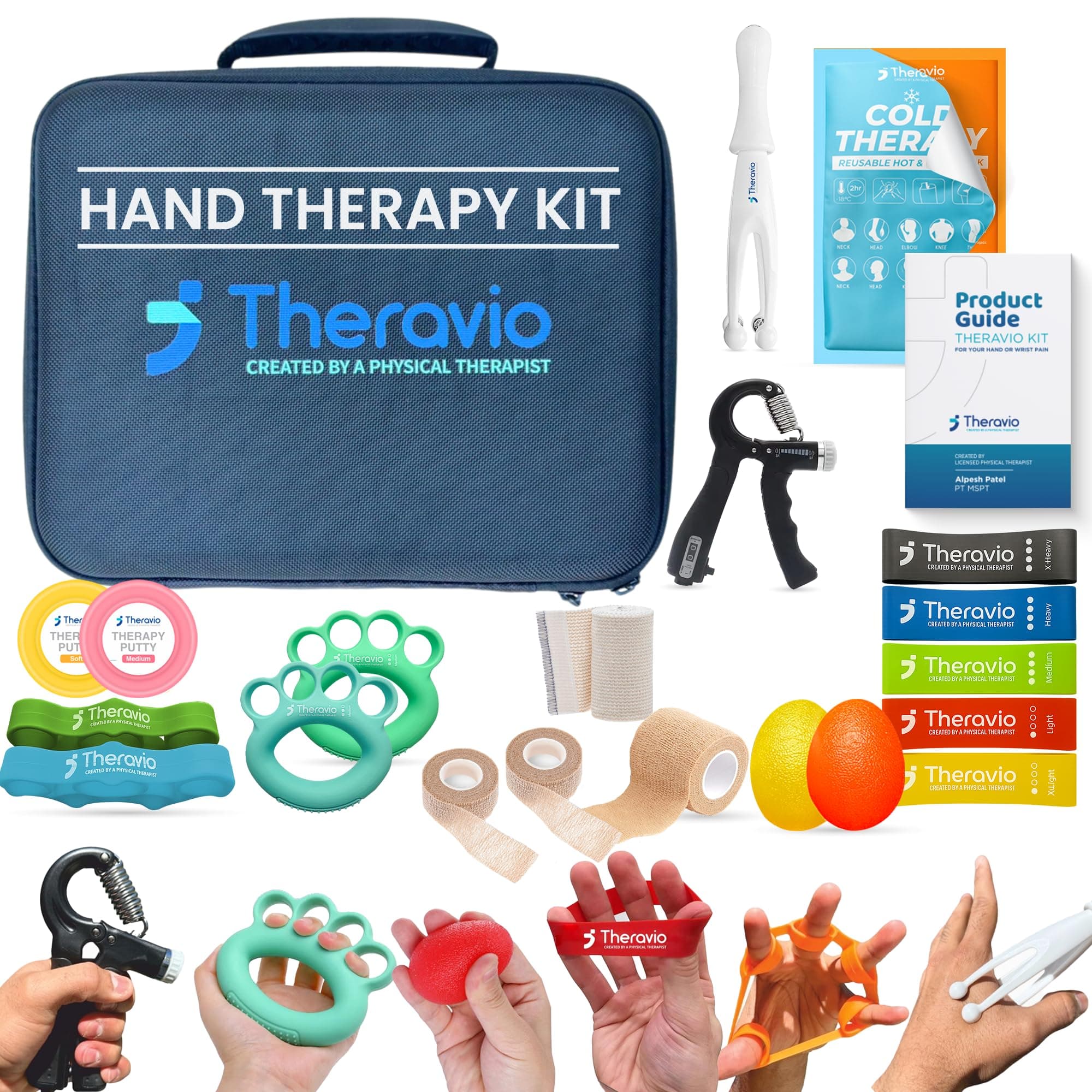 Hand Therapy Equipment for Rehabilitation and Recovery – Hand Therapy Kit with Grip Strength Trainer, Finger Strengthener & Exercise Balls for Arthritis, Carpal Tunnel and Physical Therapy by Theravio