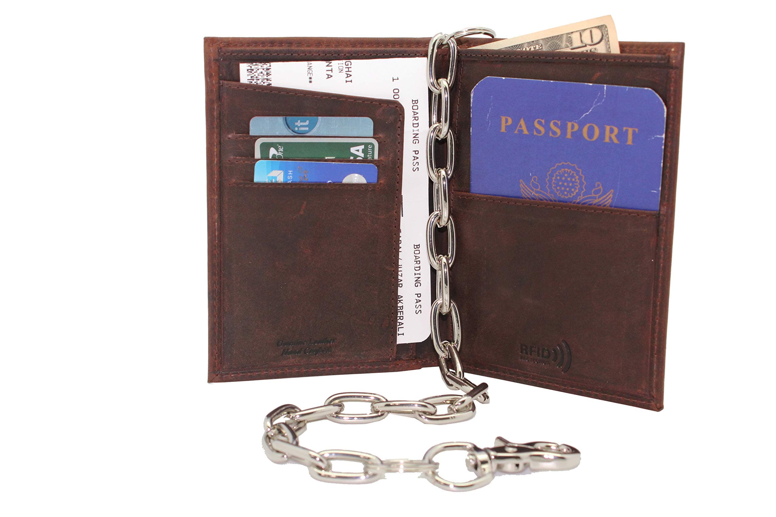 RFID Safe Leather Passport Cover Holder Bifold Chain Wallets Travel Wallet For Men J330PW