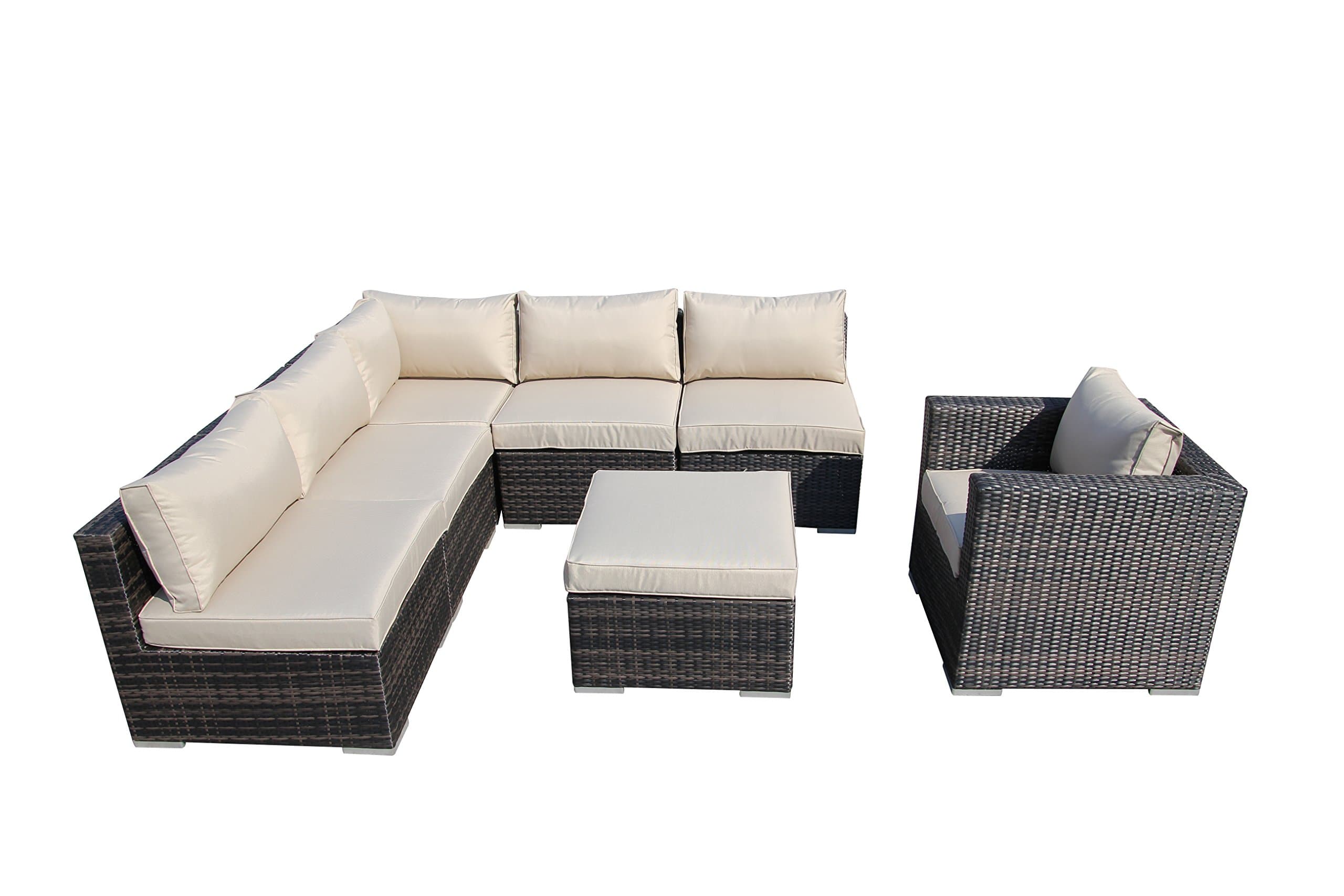 7 Pieces Outdoor Furniture Complete Patio Cushion Wicker Rattan Garden Corner Sofa Couch Set, Brown