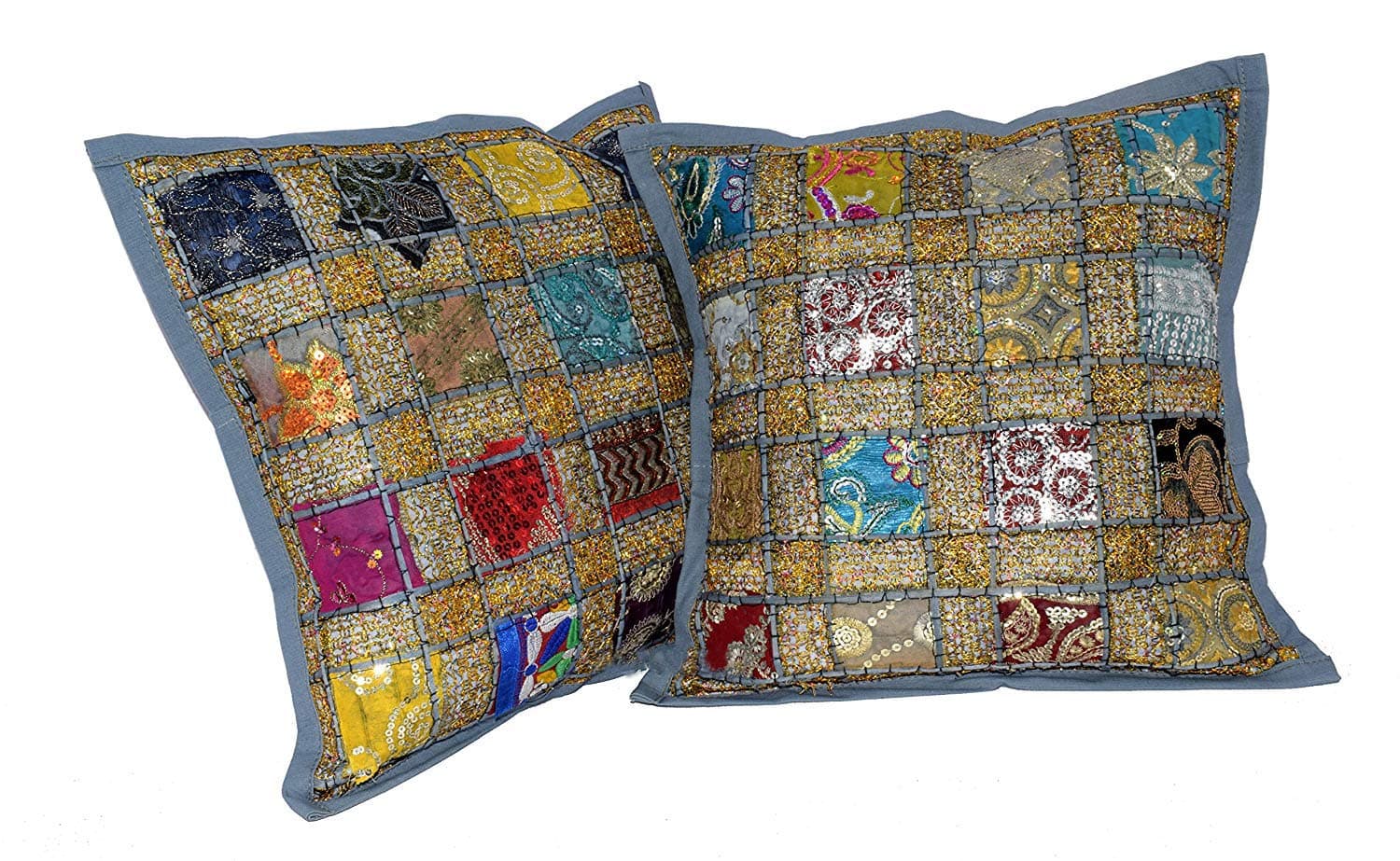 Crafting Bear 2 Embroidery Sequin Cushion Covers 16x16 inches Indian Boho Hippie Patchwork Throw Pillow Cushion Cover Decorative Bohemian Pillows Polyester Hand Embroidered Pillow Cases (Gray)