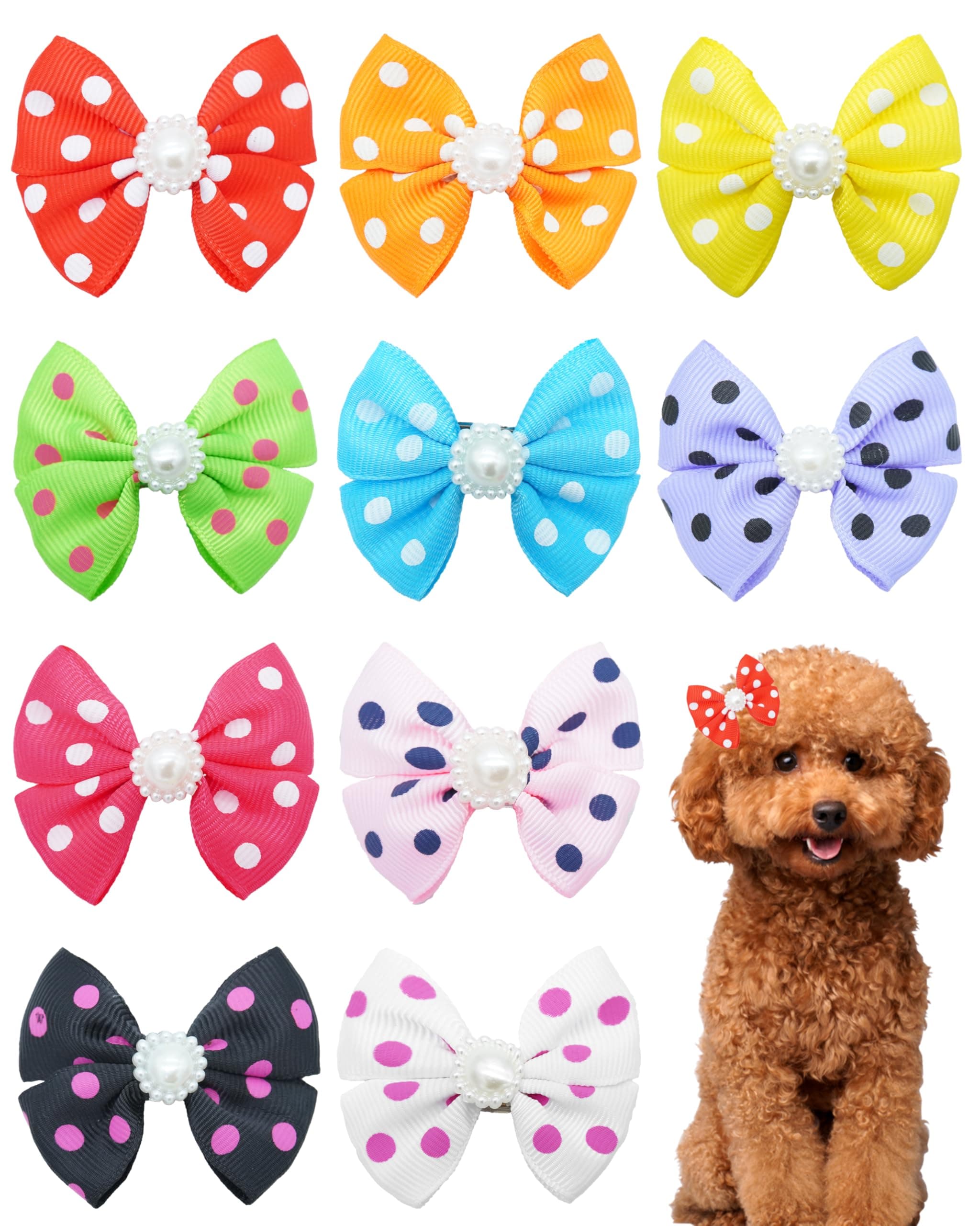 PET SHOW 10Pcs 2" Dot Small Dogs Hair Bows with French Clips Yorkie Bowknot Barrette Clips for Medium Dogs Pet Topknot Cat Grooming Hair Accessories