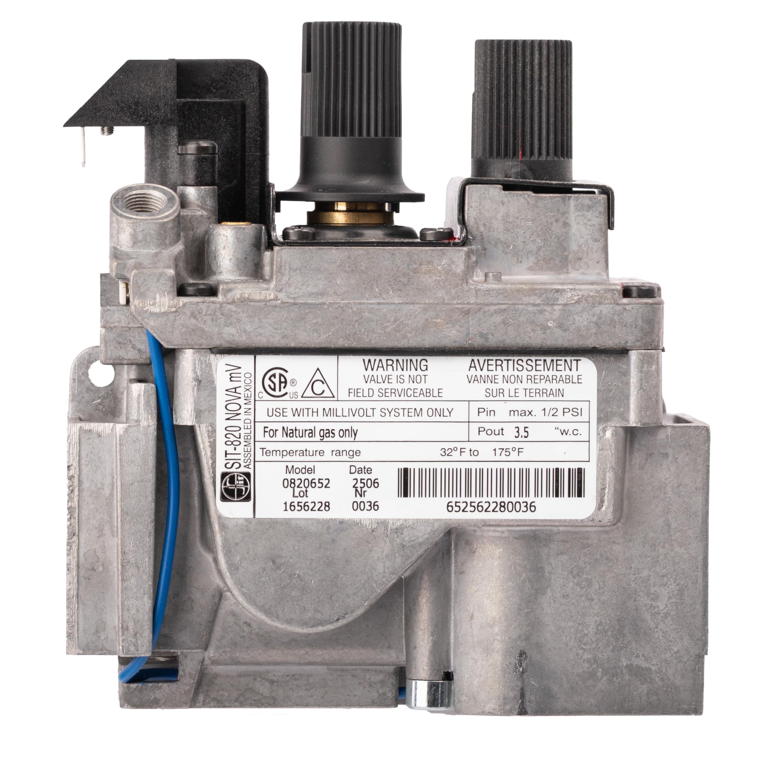 0820652 SIT 820 Nova mV Natural Gas Replacement Millivolt Gas Valve for Fireplaces, Stoves, and Gas Logs - Replacement OEM components for Direct Vent Appliances