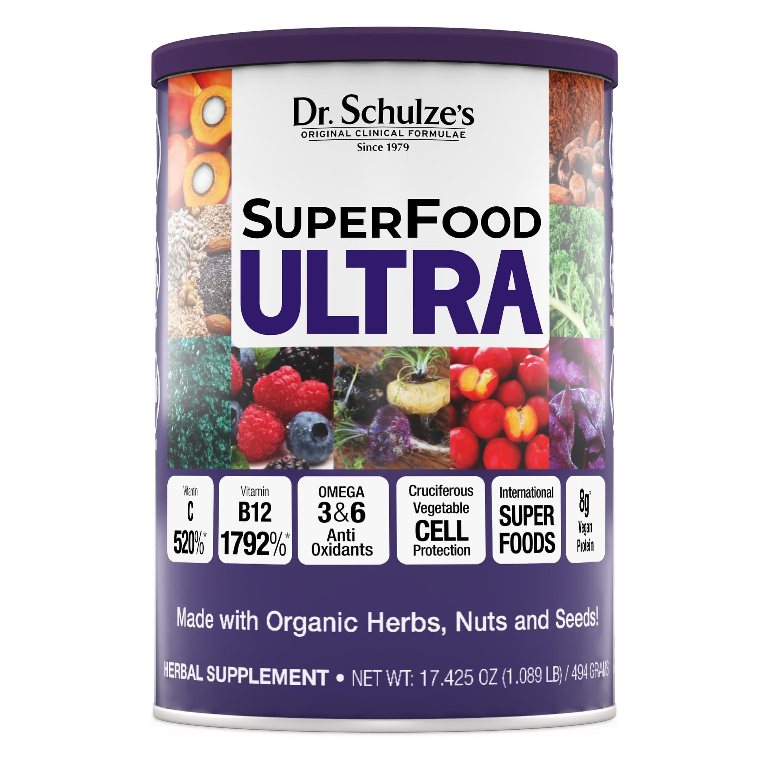Dr. Schulze's SuperFood Ultra | Organic Super Food Powder | Vitamin B Complex and 520% Vitamin C | May Help Boost Energy & Improve Fitness | Vegan, Non-GMO & Gluten-Free | 17.4 Oz