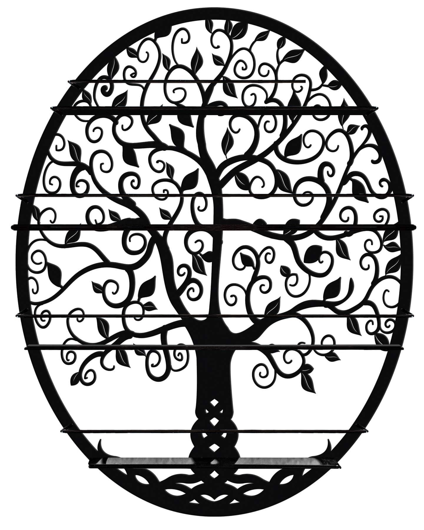 Essential Oils & Nail Polish Storage - Display Organiser Shelf that can hold up to 10 ml. bottles - Oval Metal with Tree Silhouette - Wall Mounted Round Rack Oil Bottle Storage (Black)
