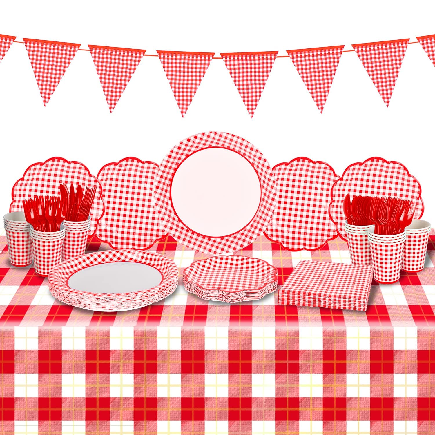 Gatherfun Gingham Red and White Party Supplies Disposable Paper Plates Napkins Cups Knives Spoons Forks Tablecloth Banner for Birthday Party Family Dinner Picnic Barbecue Mother's Day Party, Serve 25