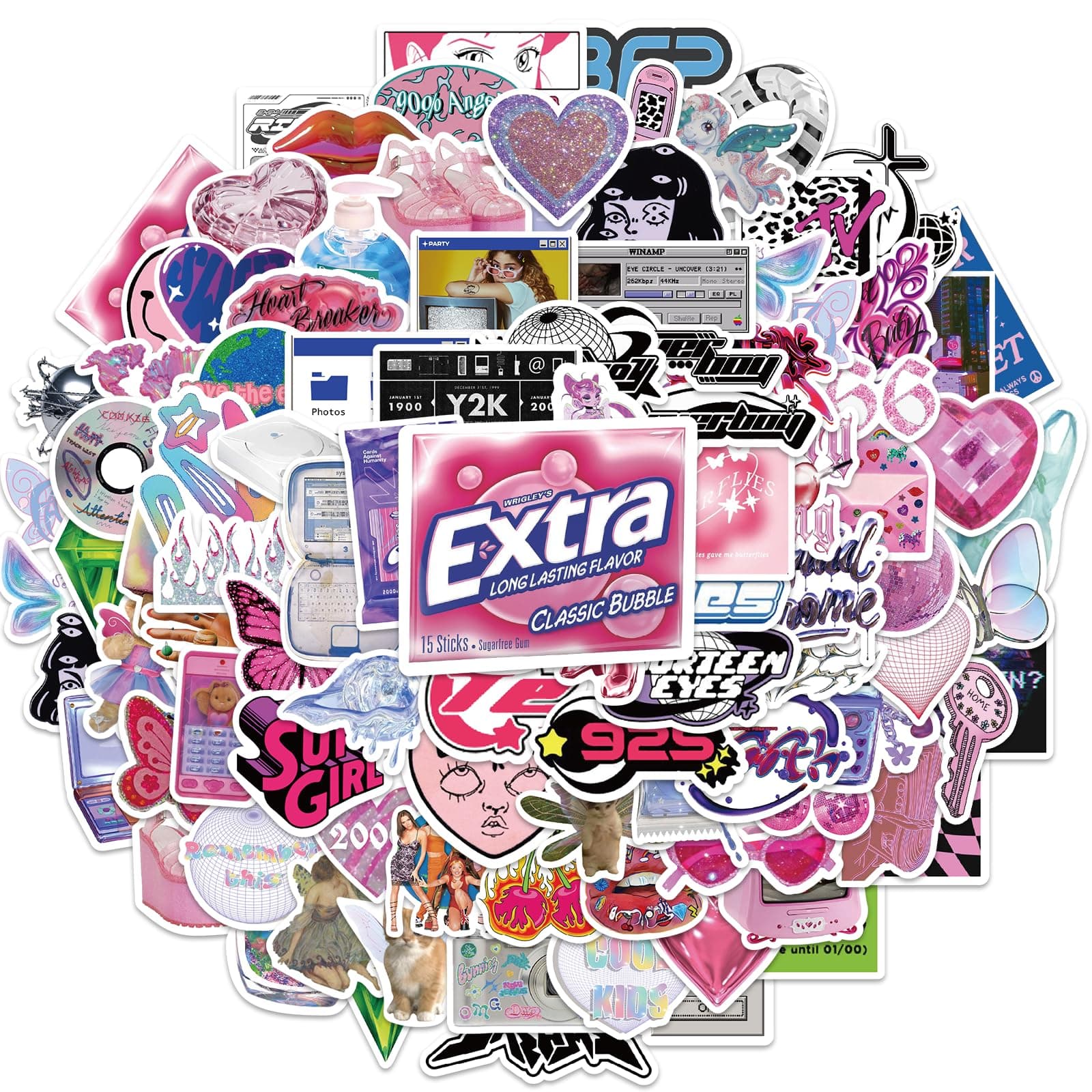 Y2k Retro Aesthetic Stickers, Pack of 106 Cool 2000s Cyber Trend Stickers, Vinyl Waterproof Stickers for Laptop, Guitar, Water Bottle, Birthday Gifts for Girls, Children, Teenagers