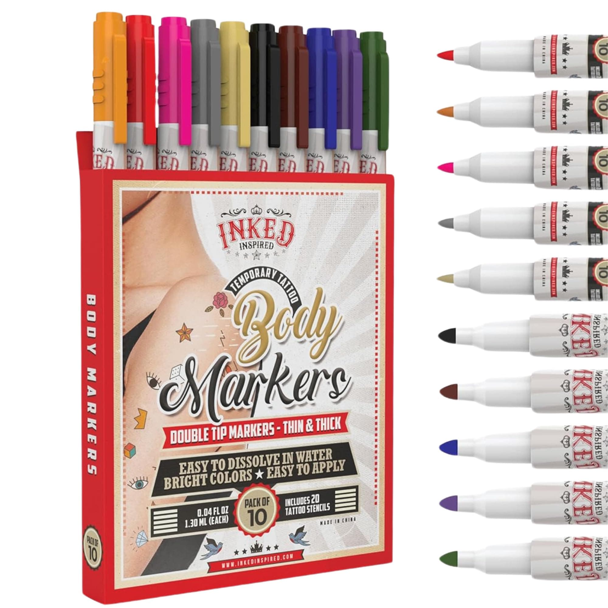 Temporary Skin Markers - Tattoo Pens with Stencils - Body Markers - Better Than Henna Kit - Dual-Tip Ink Set of 10