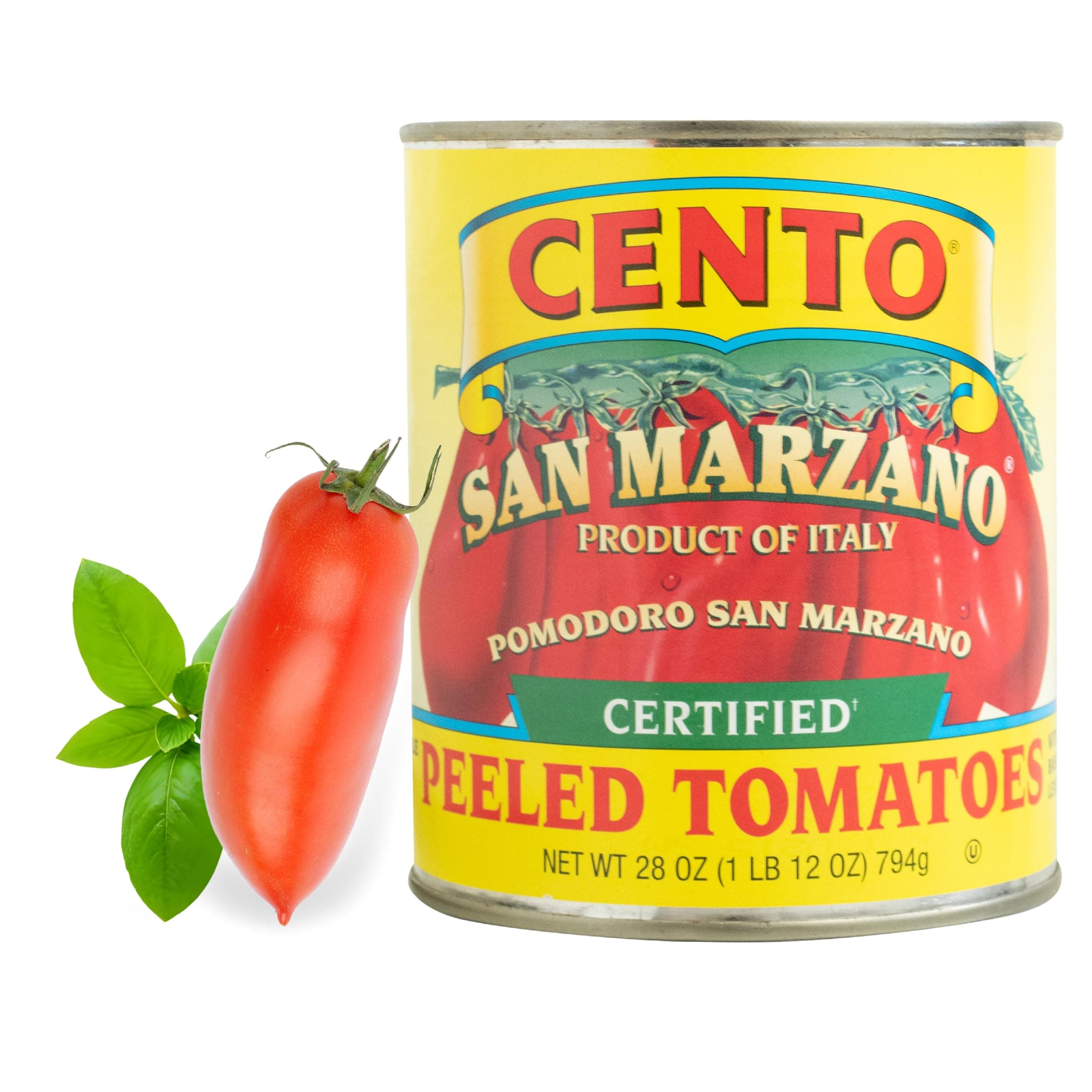 Certified San Marzano Whole Peeled Tomatoes, 28 Oz, Canned Plum Tomatoes in Thick Puree with Basil, Grown and Processed in Italy
