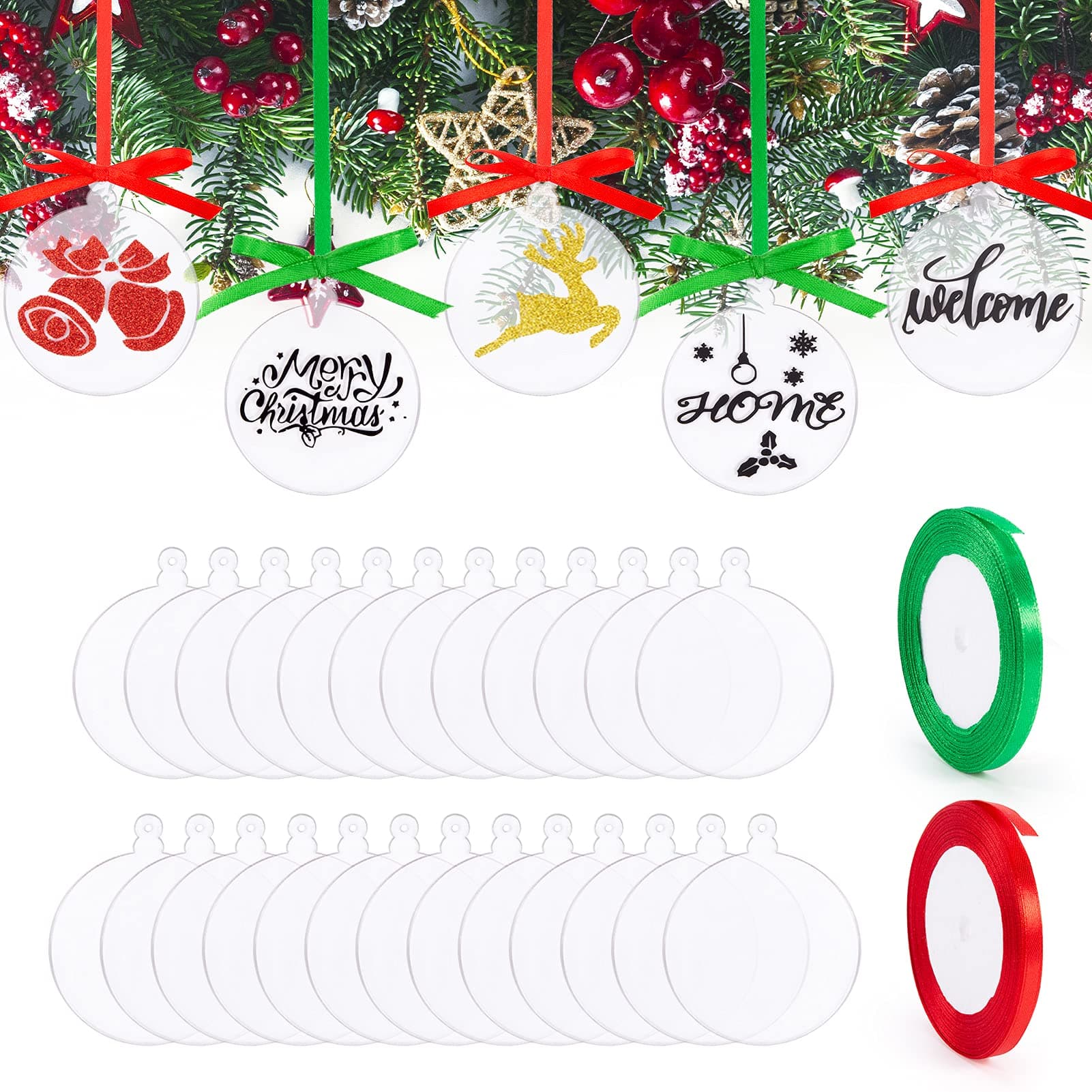30PCS Clear Acrylic Ornament Blanks Bulk Christmas Round Acrylic Discs Ornament Vinyl Christmas Hanging Circle Ornaments Blank with 2 Roll Red and Green Ribbons for Christmas Tree Decoration (3 Inch)