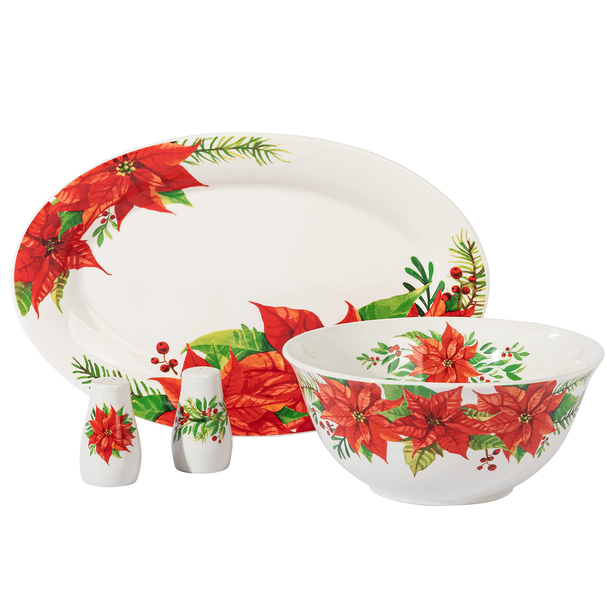 Gibson Home Decorated Porcelain 4-Piece Serving & Accessories Set, Magic Poinsettia