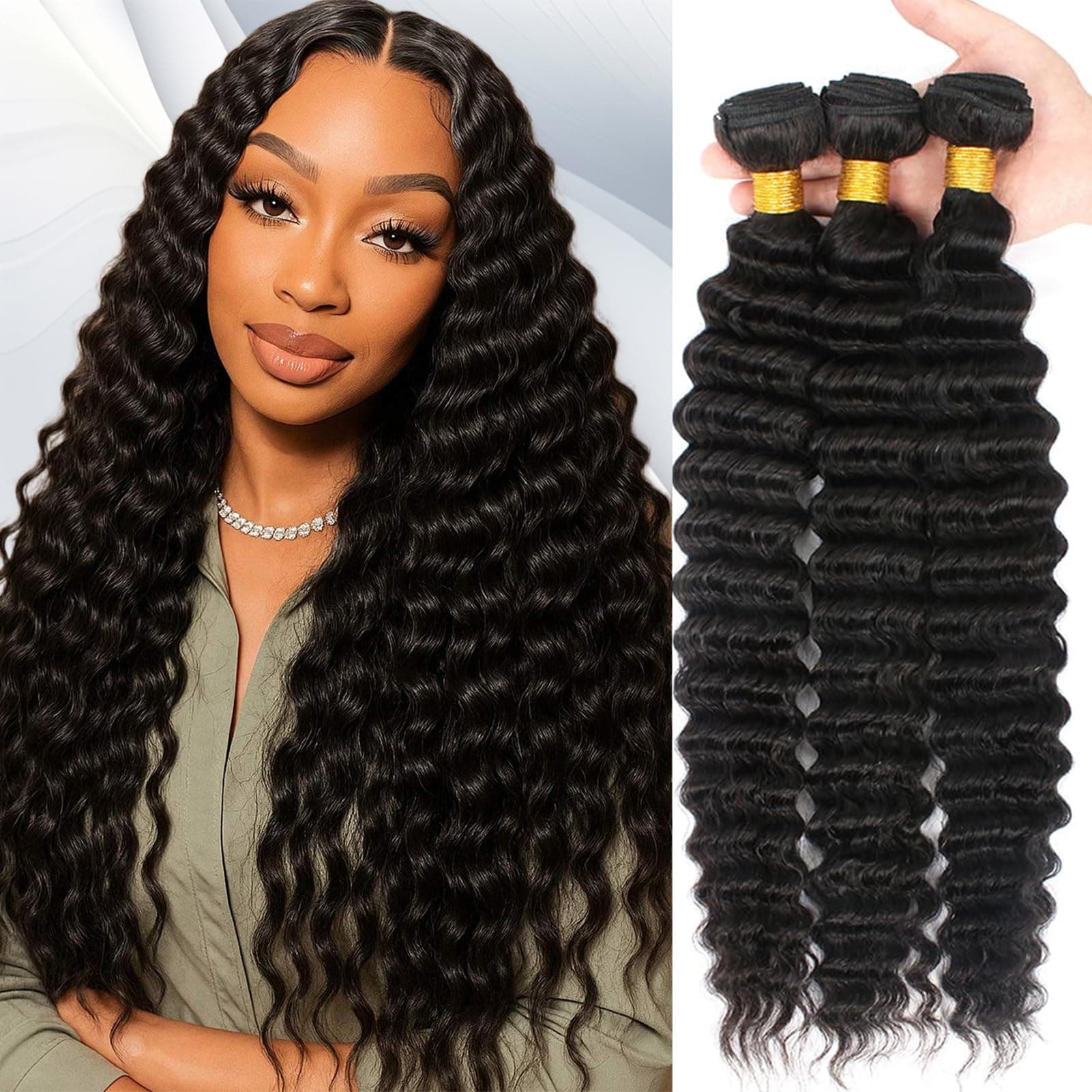 16A Deep Wave Bundles Human Hair 18" 20" 22" 300g 100% Real Human Hair 3X Longer Lifespan 100% Unprocessed Brazilian Virgin Hair Pineapple Deep Wave Human Hair Weave Bundles Natural Color